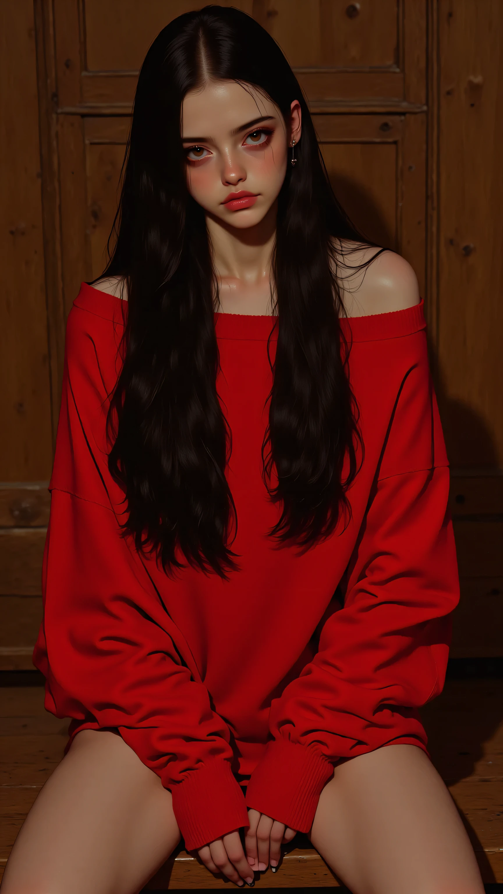 Arafed woman in red sweater sitting on a wooden bench - SeaArt AI