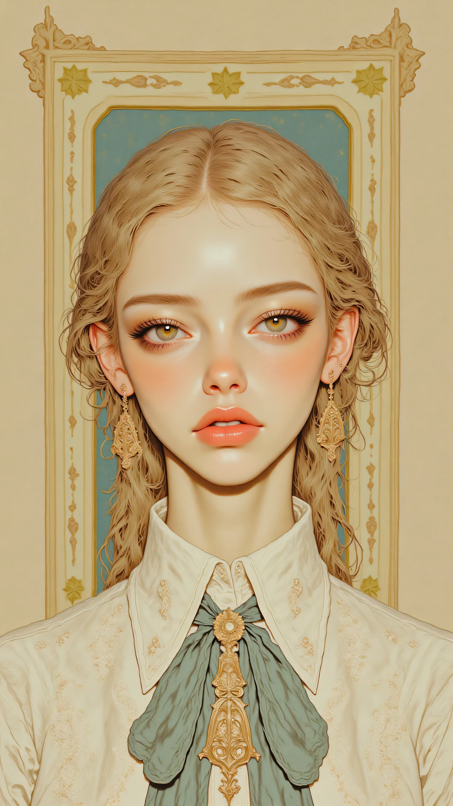 8k, masterpiece, highest quality, Korea's Beautiful Women, Close-up, frontal, blonde, wavy, hair, fair skin, large eyes, hazel, green-brown, delicate nose, full lips, serene, pensive, beige, cream-colored, collared shirt, blouse, teal, blue-green, bow, soft, textured, vintage, classic, muted, indistinct, creamy beige, off-white, ethereal, brushstrokes, splotches, pale yellows, creams, beiges, teal.