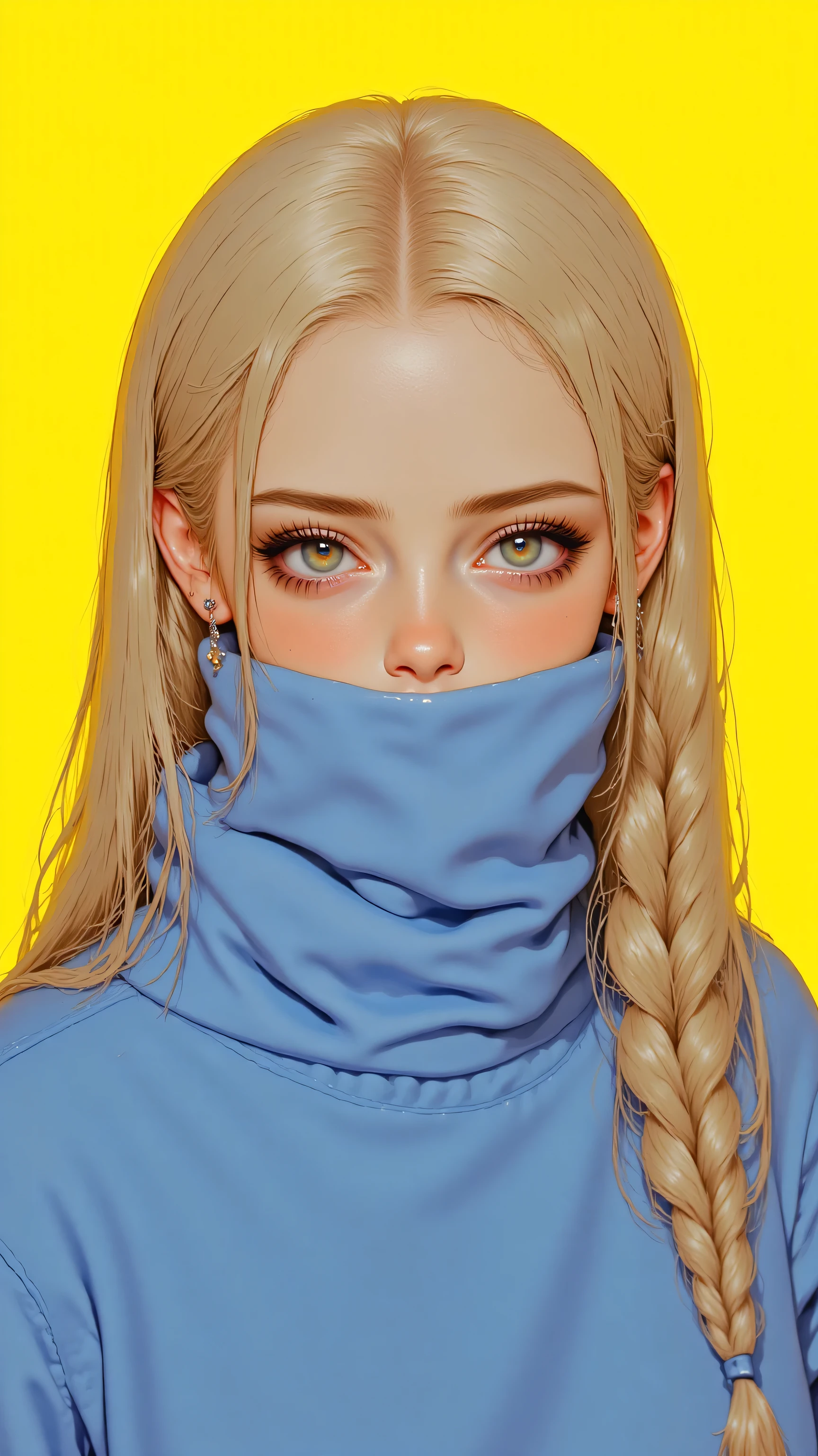 8k, masterpiece, highest quality, Korea's Beautiful Women, Close-up, eye-level, stylized, feminine, blonde, braids, pigtails, partially hidden face, large eyes, green eyes, high-necked, blue sweatshirt, puffy sleeves, neutral expression, shy, bright, clean, cheerful, yellow background.