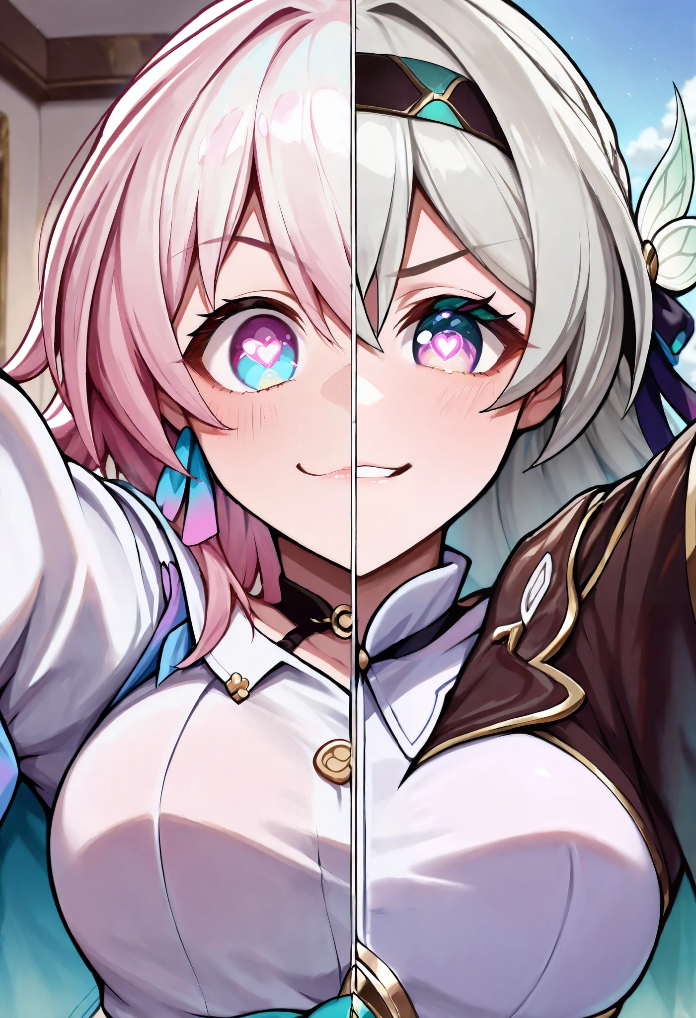 masterpiece, best quality, indoors, 1girl, SplitScreen, split screen, smirk, heart shaped pupils, outstretched arms, firefly from honkai star rail, march 7th from honkai star rail,