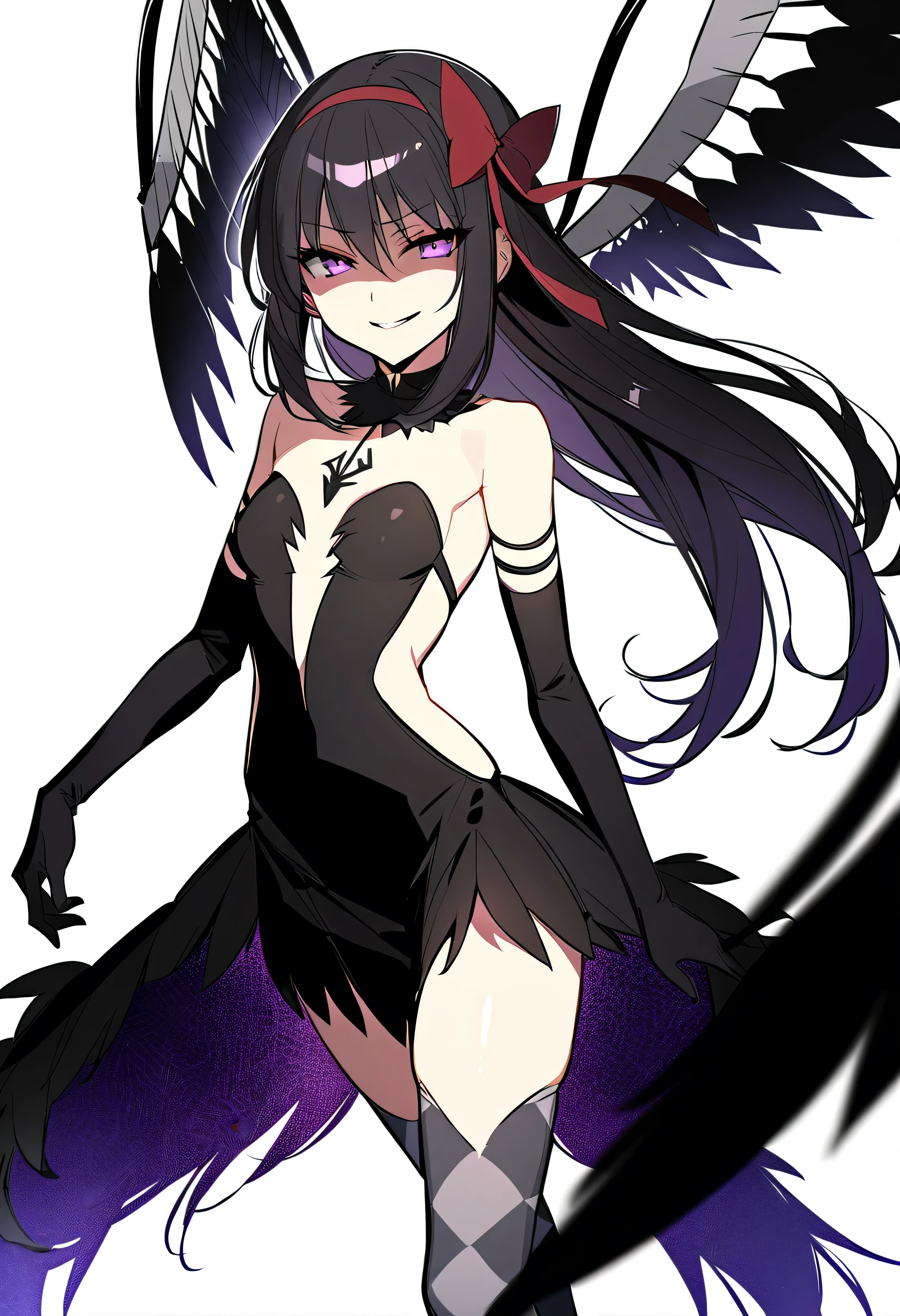young girl, medium large breasts, White skin, long black hair, violet eyes, seductive look, SMILE, black shirt, short black skirt, holding one leg up held with one hand, showing panties