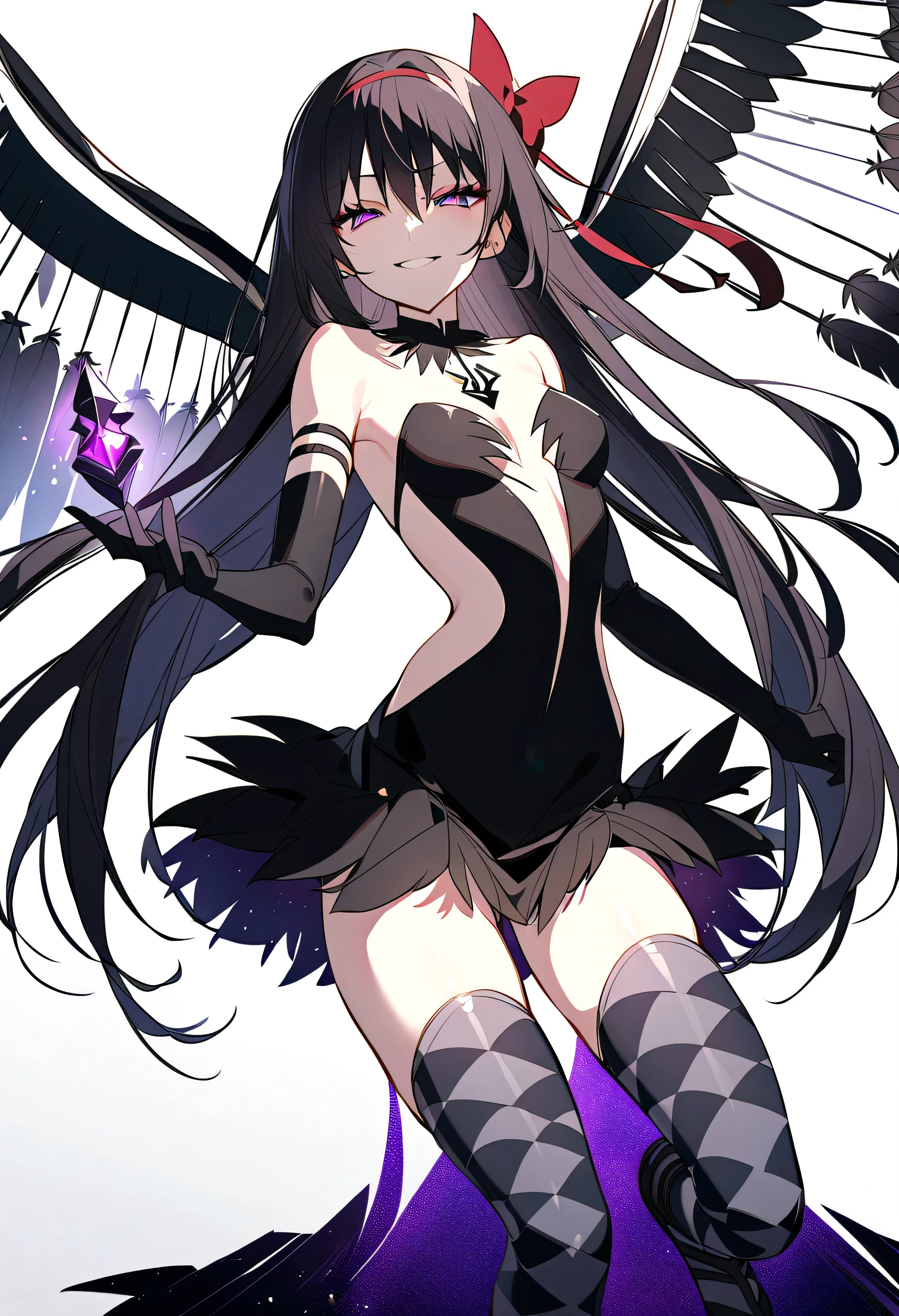1girl, akuma homura, solo, long hair, wings, gloves, elbow gloves, black hair, smile, purple eyes, thighhighs, black gloves, argyle legwear, argyle, bare shoulders, looking at viewer, dress, soul gem, hair bow, bow, choker, feathered wings, white background, zettai ryouiki, simple background, black wings, masterpiece, best quality, late, evil smile,shaded face(eyes in shadow),latex