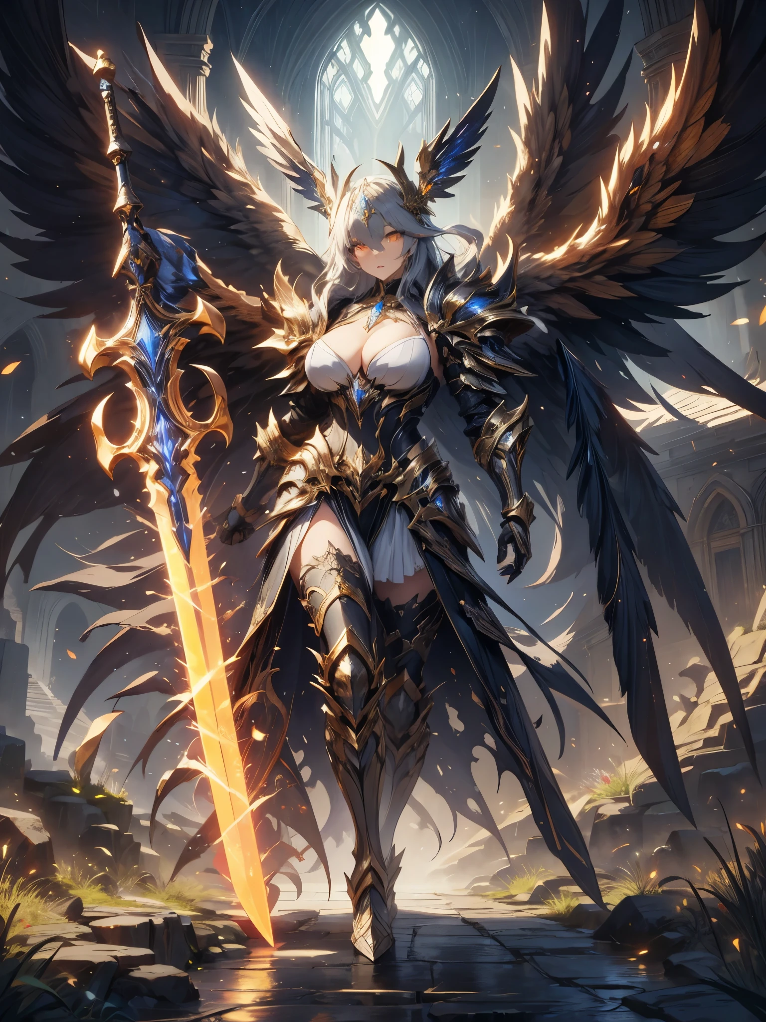 battlemech,(Blonde girl),(Huge ponytail),Glowing blue eyes,Blue Light Energy Longsword,Galactic,Mechanical and exquisite,((Blonde Beauty))pubic detail,mech wings,elegent,Blue Mecha,Glowing blue-blue eyes,(Stocking Heels),land,Mechanical and exquisite,pubic detail,mech wings,elegent,The tree々,There are hands and feet,angled,angled,immensity,Wind,hazy,Mecha's eyes glow blue,Blue Mecha,Glowing blue-blue eyes,Holding the sword of delicate light energy,Skysky,Mechanical and exquisite,pubic detail,Huge mech wings,elegent,The tree々,There are hands and feet,angled,angled,immensity,baiyun,hazy,Mecha's eyes glow blue,pubic detail,Winds of the future,sacredness,Cavalier,battlemech,Glowing blue eyes,Blue Delicate Sniper Rifle,Skysky,Mechanical and exquisite,pubic detail,Huge mech wings,elegent,The tree々,There are hands and feet,angled,angled,immensity,baiyun,hazy,Mecha's eyes glow blue,pubic detail,Winds of the future,sacredness,Cavalier,the face is clear,Face wearing mask armor,masterpaintings,best qualtiy,offcial art,the Extremely Detailed CG Unity 8K Wallpapers,brightened light,(light particules,(Illustration)(Farbe)goodlooking,impeccable,((Graphic Painting)),(Heavier stroke)),(bold lines),Highest image quality,masterpaintings,Filigree,long eyeslashes,(((silhuette))),Very detailed background,tulips,Banana leaves,lilie,dew,Date palm flowers,Ryu,Light white off-the-shoulder dress,Mottled sunlight,(Close-up of people),((Super best quality)), ((A very masterpiece)), ((super detailing:1.4)), ((hyper realistic lifelike 3d)), Dragon Warrior Girl, Mechanical body, Dynamic action poses in battle scenes, Mechanical weapons of very complex and heavy fighters, Off-the-shoulder fashion that blends dense and complex steampunk with dense gothic lolita, Complex steampunk headgear, very thin long legs, Mechanical boots above the knee, Fluttering lace flared mini skirt, beautiful big breasts directed upwards,Somewhat long, Vertical curly silver hair fluttering in the wind,Countless shining large sphe