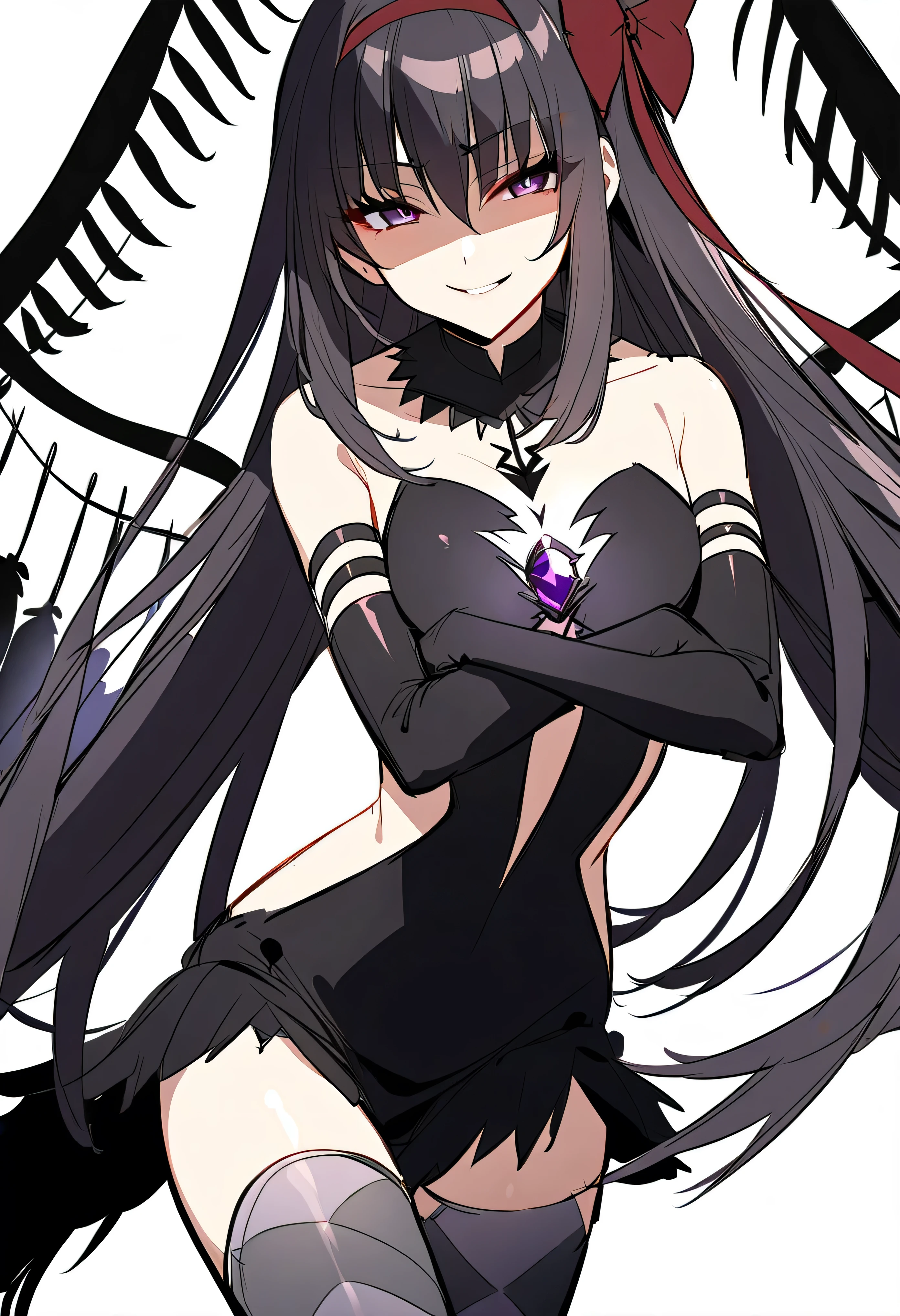1girl, akuma homura, solo, long hair, wings, gloves, elbow gloves, black hair, smile, purple eyes, thighhighs, black gloves, argyle legwear, argyle, bare shoulders, looking at viewer, dress, soul gem, hair bow, bow, choker, feathered wings, white background, zettai ryouiki, simple background, black wings, masterpiece, best quality, late, evil smile,shaded face(eyes in shadow),latex