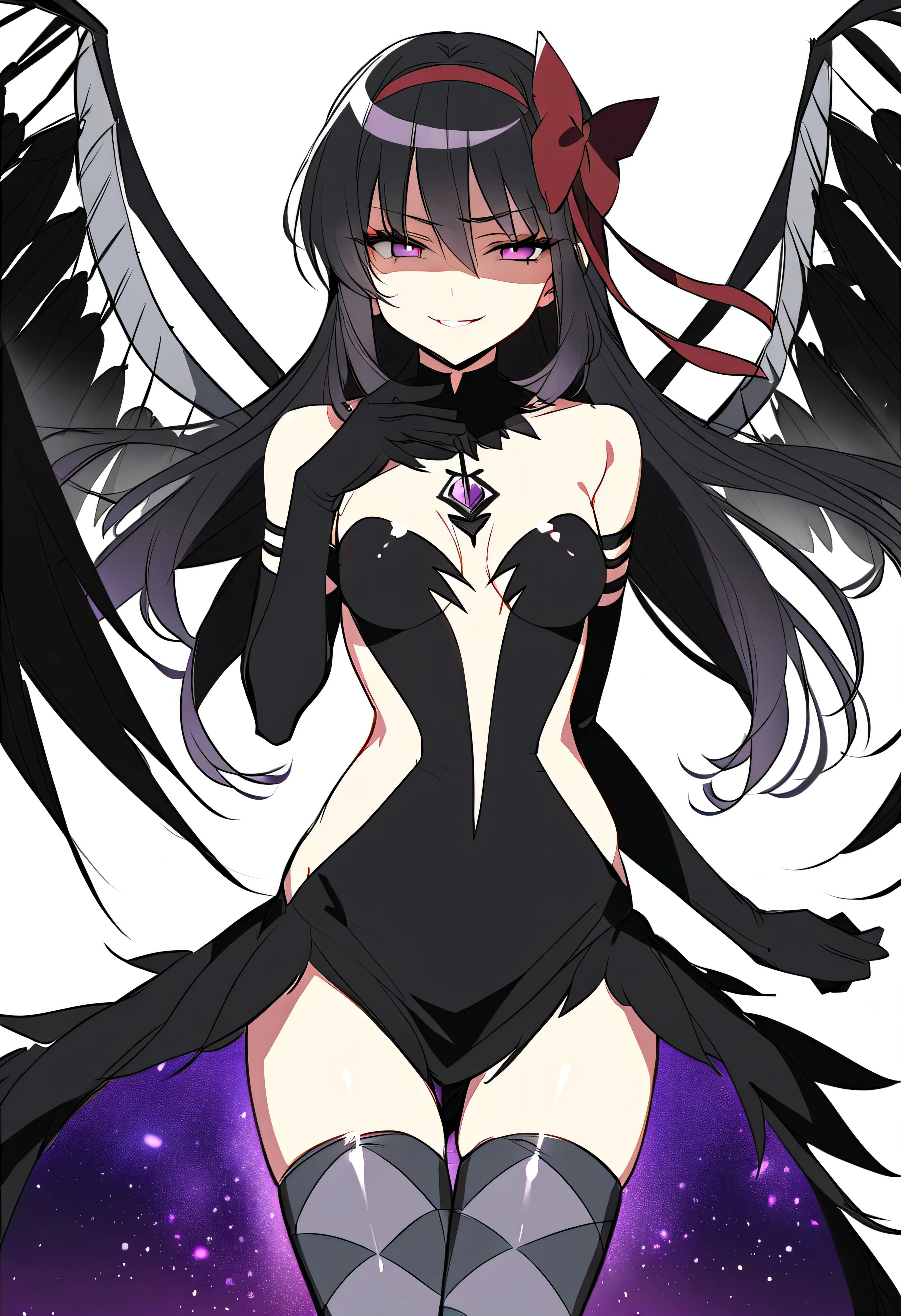 Beautiful girl, 20 years old, black hair and AZUl, Black Bat wings, detailed costume in black and orange