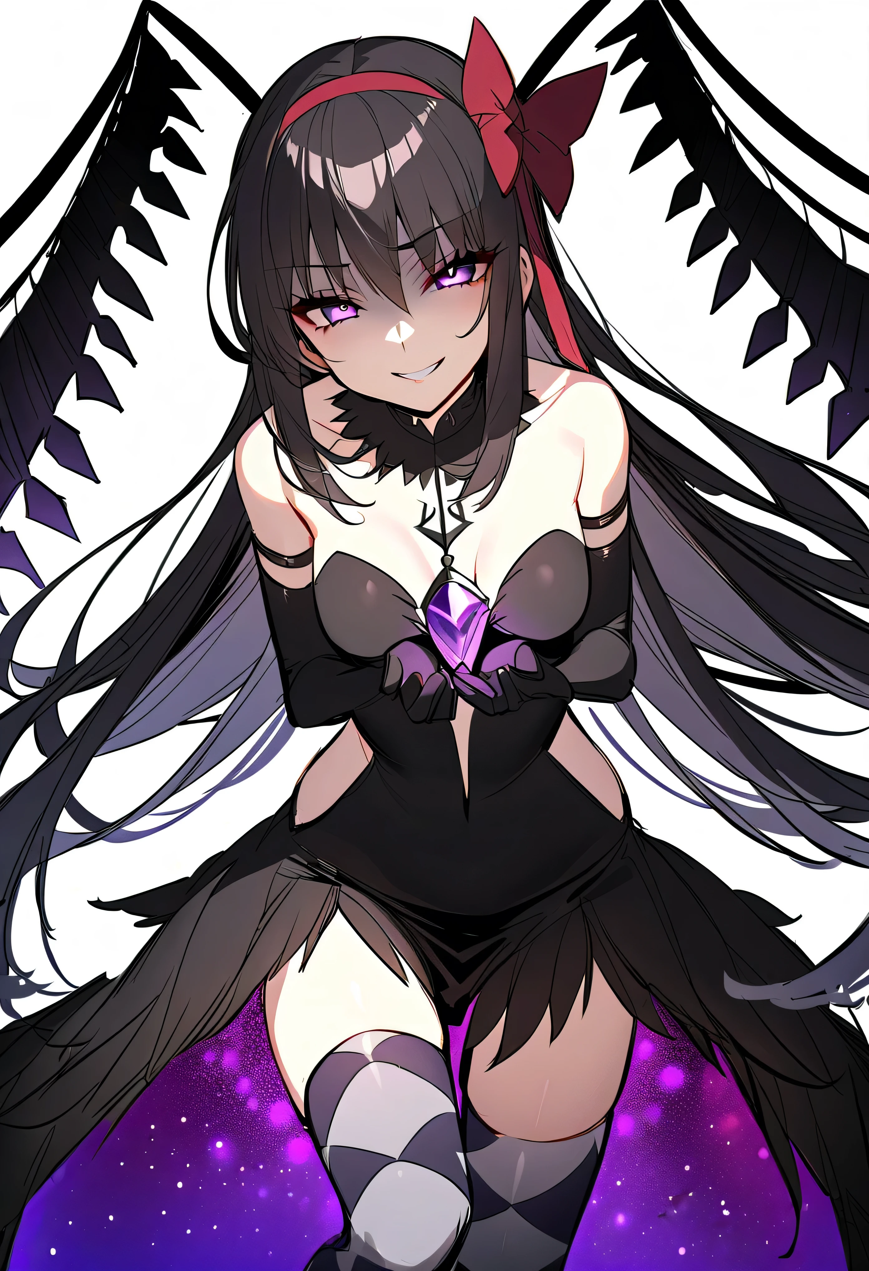 1girl, akuma homura, solo, long hair, wings, gloves, elbow gloves, black hair, smile, purple eyes, thighhighs, black gloves, argyle legwear, argyle, bare shoulders, looking at viewer, dress, soul gem, hair bow, bow, choker, feathered wings, white background, zettai ryouiki, simple background, black wings, masterpiece, best quality, late, evil smile,shaded face(eyes in shadow),latex