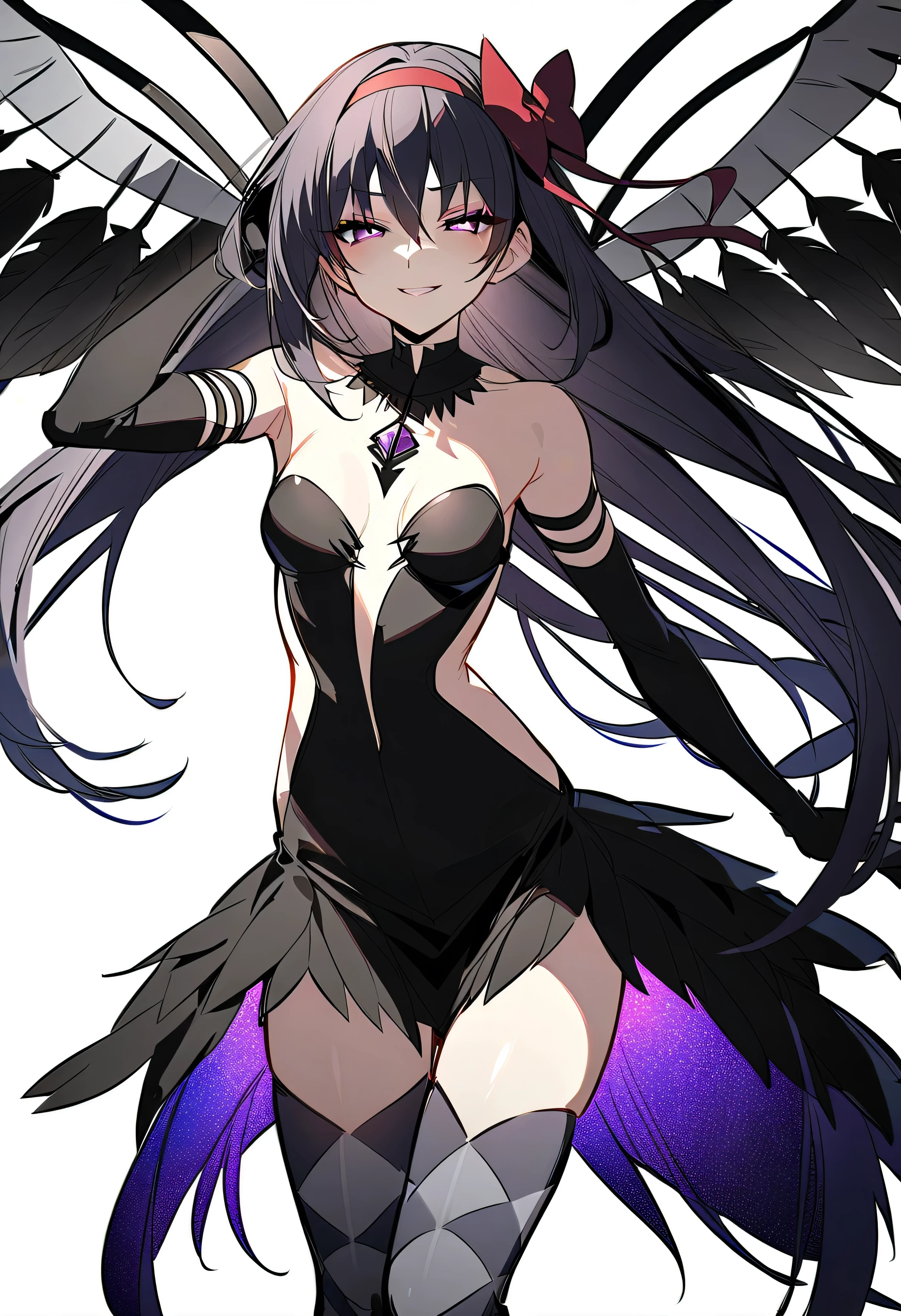 1girl, akuma homura, solo, long hair, wings, gloves, elbow gloves, black hair, smile, purple eyes, thighhighs, black gloves, argyle legwear, argyle, bare shoulders, looking at viewer, dress, soul gem, hair bow, bow, choker, feathered wings, white background, zettai ryouiki, simple background, black wings, masterpiece, best quality, late, evil smile,shaded face(eyes in shadow),latex