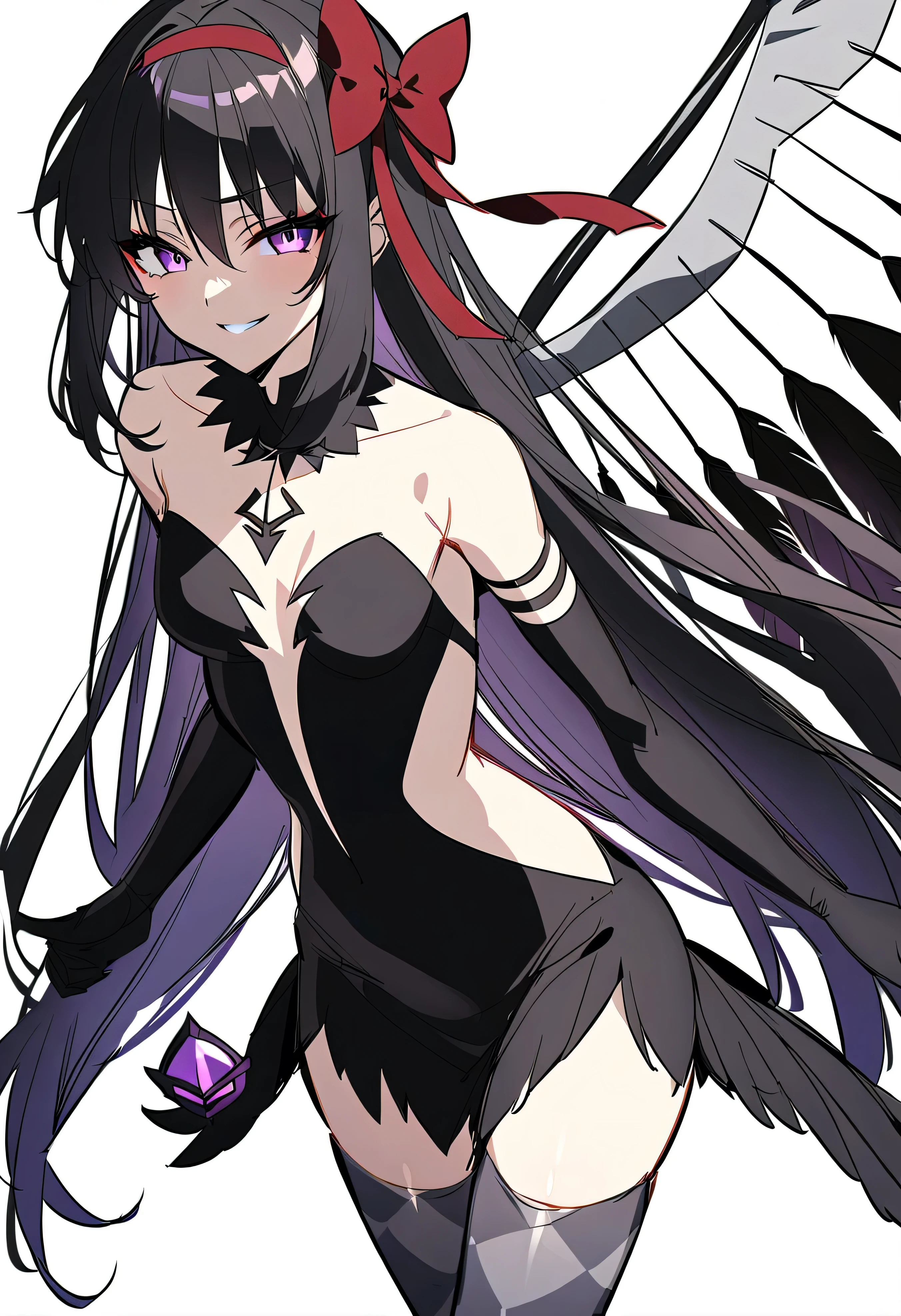 1girl, akuma homura, solo, long hair, wings, gloves, elbow gloves, black hair, smile, purple eyes, thighhighs, black gloves, argyle legwear, argyle, bare shoulders, looking at viewer, dress, soul gem, hair bow, bow, choker, feathered wings, white background, zettai ryouiki, simple background, black wings, masterpiece, best quality, late, evil smile,shaded face(eyes in shadow),latex