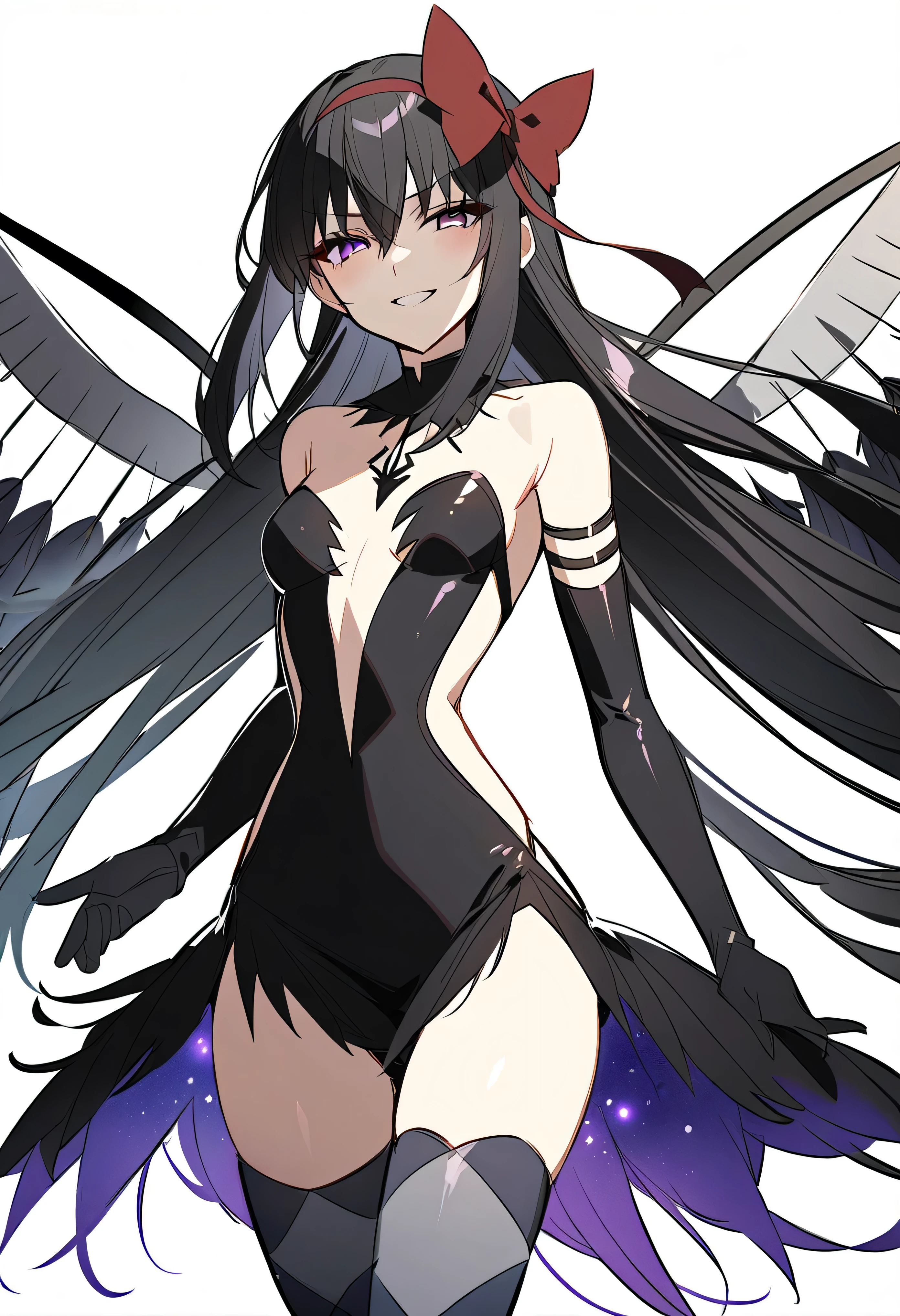 1girl, akuma homura, solo, long hair, wings, gloves, elbow gloves, black hair, smile, purple eyes, thighhighs, black gloves, argyle legwear, argyle, bare shoulders, looking at viewer, dress, soul gem, hair bow, bow, choker, feathered wings, white background, zettai ryouiki, simple background, black wings, masterpiece, best quality, late, evil smile,shaded face(eyes in shadow),latex