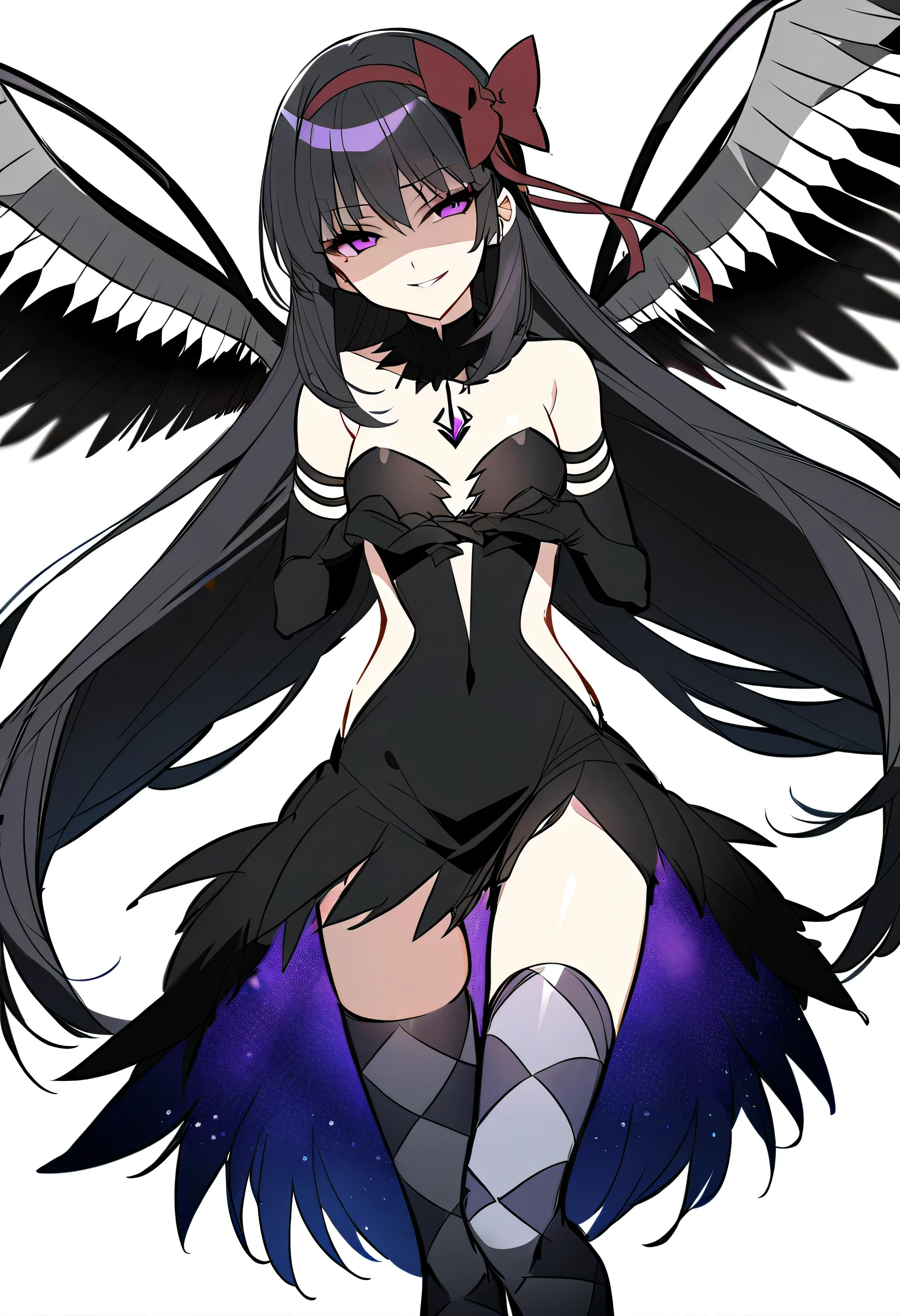 1girl, akuma homura, solo, long hair, wings, gloves, elbow gloves, black hair, smile, purple eyes, thighhighs, black gloves, argyle legwear, argyle, bare shoulders, looking at viewer, dress, soul gem, hair bow, bow, choker, feathered wings, white background, zettai ryouiki, simple background, black wings, masterpiece, best quality, late, evil smile,shaded face(eyes in shadow),latex