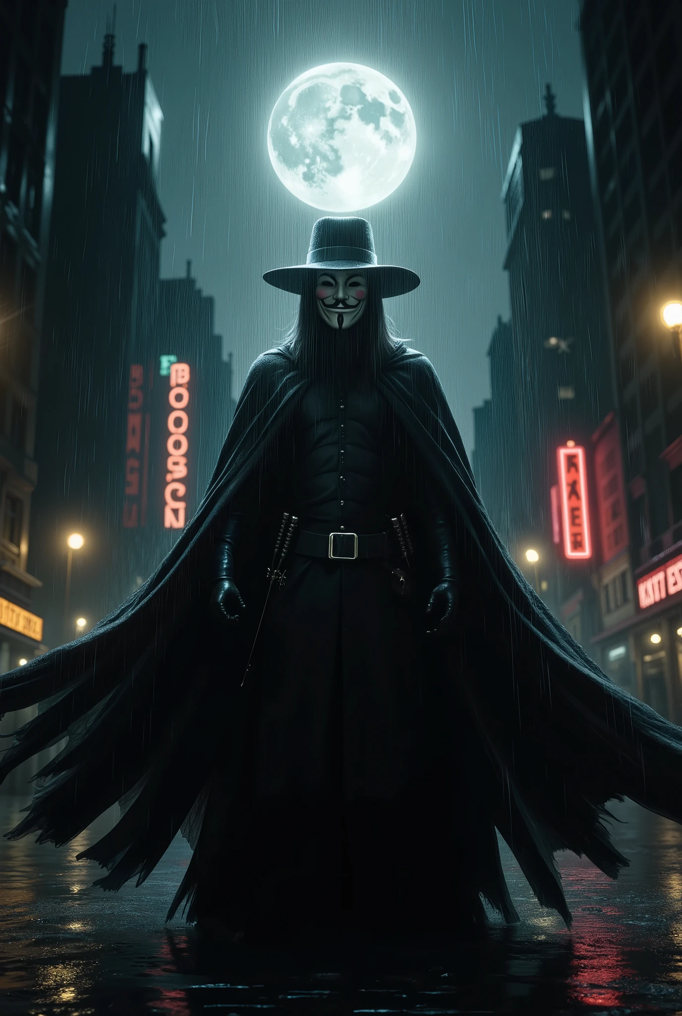 A mysterious masked vigilante, standing in the rain under the glow of a full moon. The scene is set in a dark, dystopian cityscape with wet cobblestone streets reflecting the moonlight. V is cloaked in his iconic black cape and hat, his Guy Fawkes mask slightly illuminated by the moon's silver light. Rain cascades around him, creating a sense of movement and intensity. The background features towering, shadowy buildings with faint neon signs flickering in the distance.
