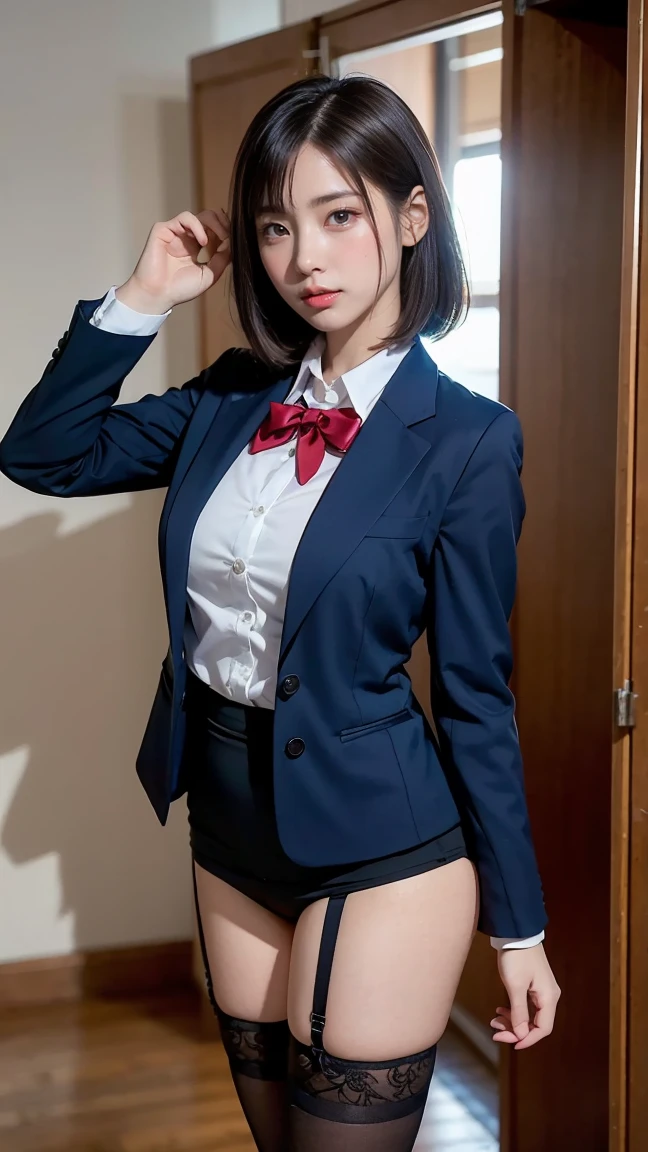 Pretty girl, thin legs, high heels on the ground, hotel room, (masterpiece:1.3), (8k, photorealistic, RAW photo, best quality: 1.4), (1girl), beautiful face, (realistic face), (black hair, short hair:1.3), beautiful hairstyle, realistic eyes, beautiful detailed eyes, realistic skin, beautiful skin, super high resolution, super realistic, very detailed, golden ratio, cute, sexy schoolgirl in jk uniform, surreal high school girl, short skirt, tight skirt, black stockings, full body view, thin arms, long hair, big breasts