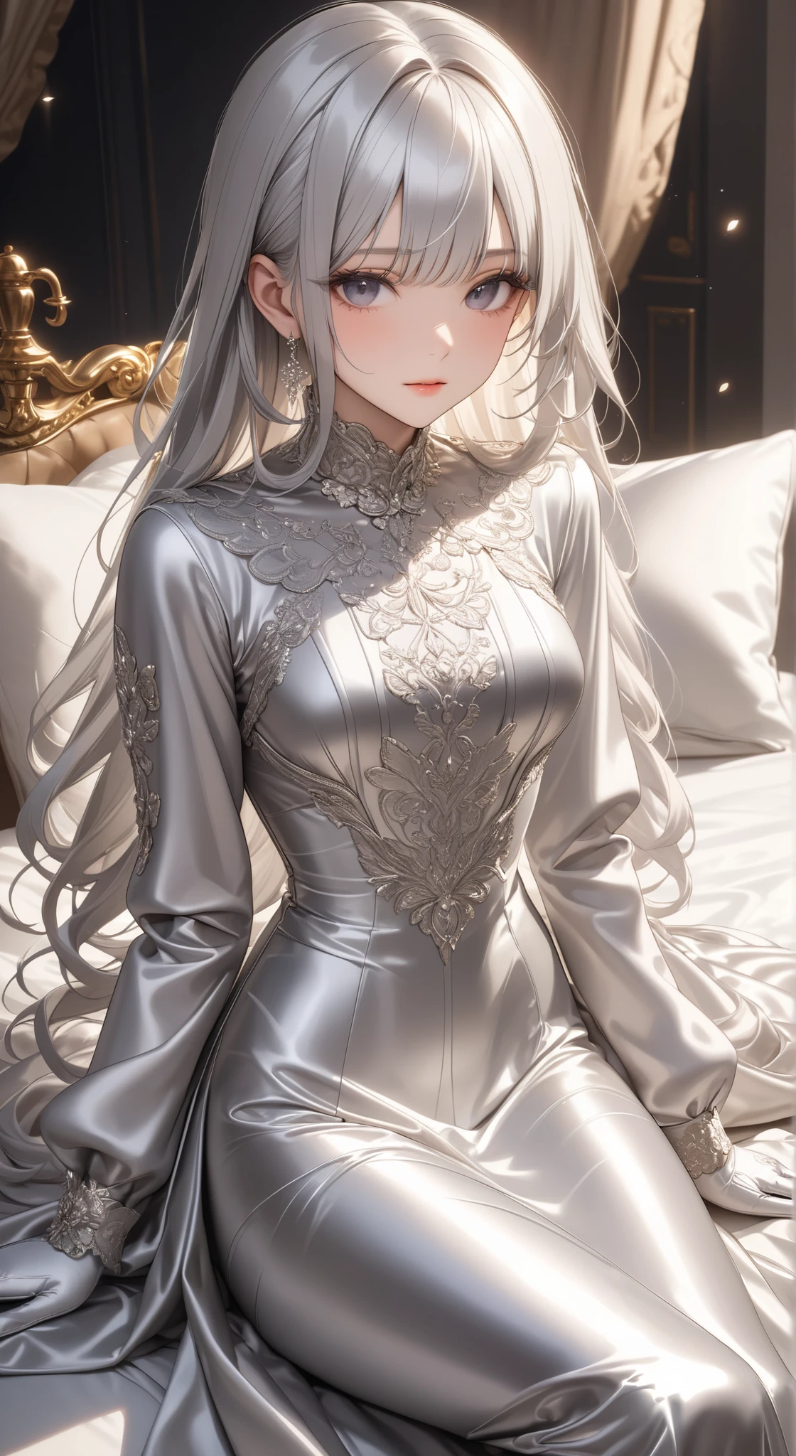 portrait、god々Shining light、( masterpiece, top quality, Ultra High Resolution ),Extremely detailed CG, Japanese woman with pale silver hair,(( beautiful face)),(( long sleeve long dress made of pale silver satin))、((The dress has a simple design without embellishments)),Ruffled Skirt、(Well-fitting pale silver satin bodysuit )、pale silver satin gloves ,(( Sitting on a Luxurious Bed )),(Beautiful legs wrapped in pale silver satin tights),