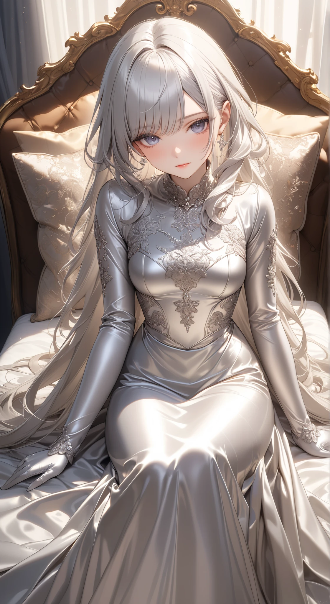 portrait、god々Shining light、( masterpiece, top quality, Ultra High Resolution ),Extremely detailed CG, Japanese woman with pale silver hair,(( beautiful face)),(( long sleeve long dress made of pale silver satin))、((The dress has a simple design without embellishments)),Ruffled Skirt、(Well-fitting pale silver satin bodysuit )、pale silver satin gloves ,(( Sitting on a Luxurious Bed )),(Beautiful legs wrapped in pale silver satin tights),