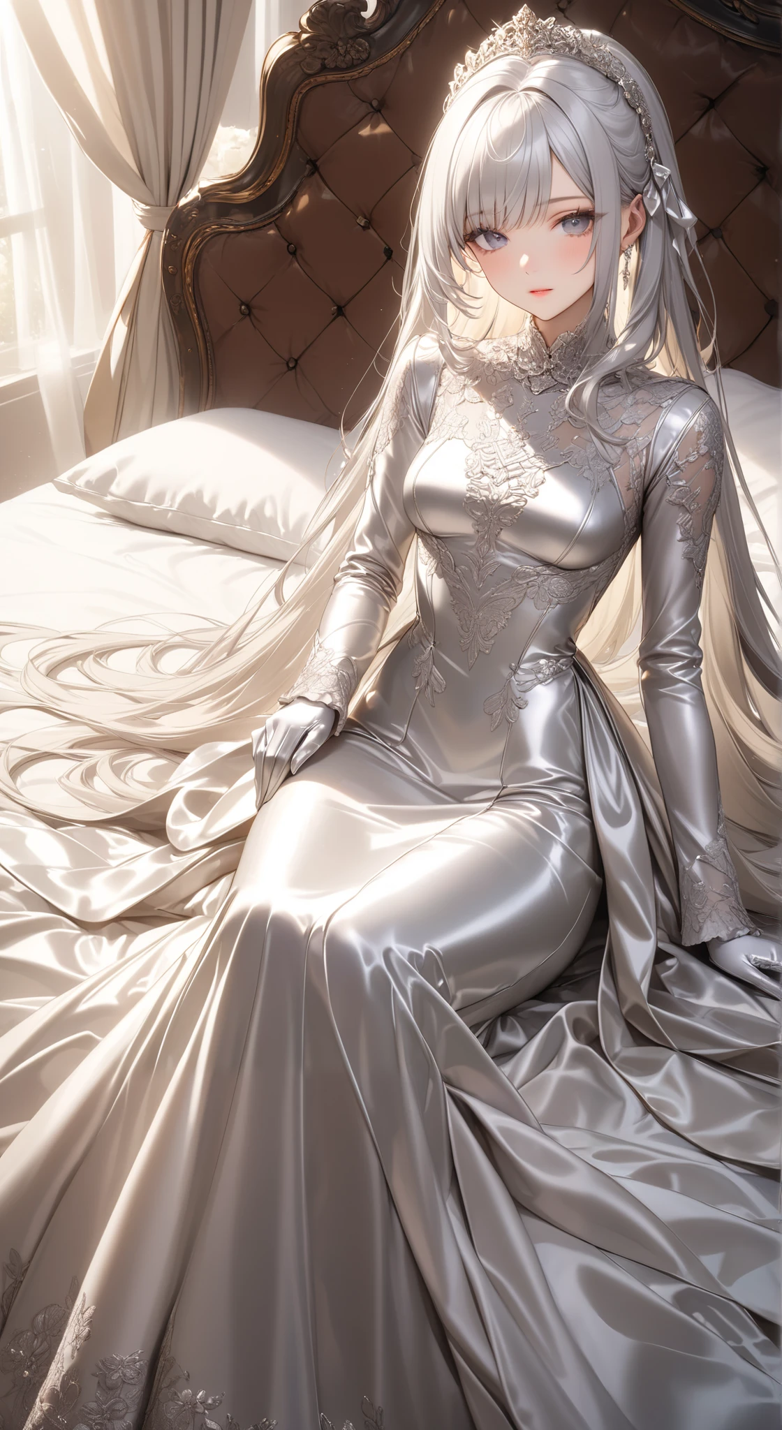 portrait、god々Shining light、( masterpiece, top quality, Ultra High Resolution ),Extremely detailed CG, Japanese woman with pale silver hair,(( beautiful face)),(( long sleeve long dress made of pale silver satin))、((The dress has a simple design without embellishments)),Ruffled Skirt、(Well-fitting pale silver satin bodysuit )、pale silver satin gloves ,(( Sitting on a Luxurious Bed )),(Beautiful legs wrapped in pale silver satin tights),