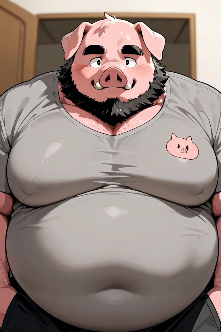 (((detailed eyes, detailed face))), (furry, botan <lora:character_botan_findigo_v1:0.9>, black hair, mohawk, tusks, boar, old man, black eyes), male, (solo), (plump, fat, chubby, overweight), (fundoshi, white male underwear, topless, bulge), standing, (arms behind back), smile BREAK (konzaburou, ukan_muri, cute), bedroom, (flat shading, flat color, high brightness), 8k, UHD, masterpiece, (full body:1.8)