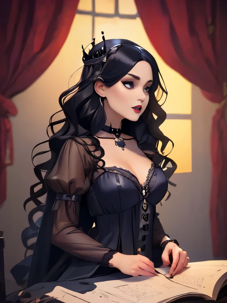 Uma mulher adulta,com longos cabelos negros sedosos,olhos verdes, red thin lips,rosto redondo,seios grandes empinados,Asas de morcego nas costas,quadris largos,tom de pele branco, wearing a long black gothic dress of the French aristocracy,sensual e atraente,sentada em um poltrona vermelha pomposa, setting a room in the classic baroque style, poor lighting,tons dark,167m,49 kg,obra prima,arte detalhada de uma vampira
