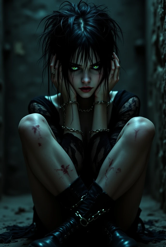 (masterpiece), best quality, HD, 4K, perfect face, black hair, leaked cum, socks, drunken eyes, hetero, torned dirt leather Jacket, hairband, black long messy hair, arrogant assassin, collarbone, prostitution, muscular, knee, ABS collarbone, dirty booty, shoes, sweaty, cums dumped, wet dirty pulll leggings leather, wet tight, sticky, horny, skinny body, hot, sweats, slum background, bitch, clothed sexually, nipples, glowing red eyes, after sex, Saliva lips, KPop idol, free sex, hell, whore prostitute, breasts, drugs, tags necklace, piercings, tally, fuck finger, bracelets, jewellery, navel piercings, legs tattoos, jewels, anklet, buds, lips, drugged, addict junkies, chains, mud dirty, holding syringe, abused, smiles, happy, scar on skin, humanity, pills syringe on floor, sick, lips piercings, goth, eyelashes, legs, mindbreak, smile, holding katana sword, bedroom