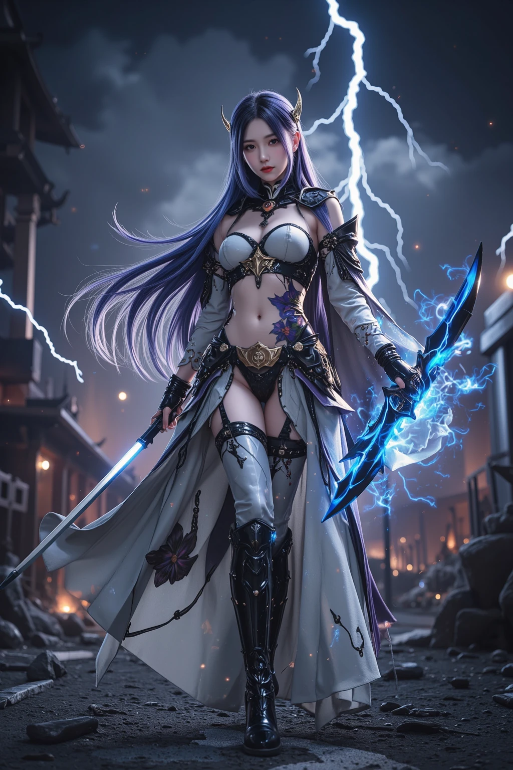 In a dark and sinister artistic style, envision the Raiden shogun as a vibrant and seductive anime character. Render her with electrifying blue and purple hues, accentuating her authority and dangerous allure. Show her wielding a crackling lightning sword, exuding power as she strikes a fierce pose against an ominous backdrop.