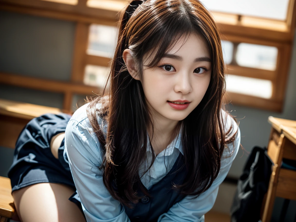 ulzzang -6500-v1.1, (Raw foto:1.2), (Photorealsitic:1.4), a beautiful detailed girl, a blond、short-cut、extremely detailed eye and face, beatiful detailed eyes, Ridiculous, unbelievable Ridiculous, huge filesize, ultra-detailliert, hight resolution, ighly detailed, top-quality, masterpiece, Kemomimi, ((Japanese girls' high school uniform)), illustratio, ighly detailed, nffsw, unification, 8k wallpaper, astonishing, finely detail, masterpiece, top-quality, Highly detailed ticker uniform 8K wallpaper, face lights、Cinematographic lighting、1girl in、sixteen years old、(witheout panties)、((dynamicposes)))、(camel's toe)、(half)、、(Crooked knees and legs sitting))