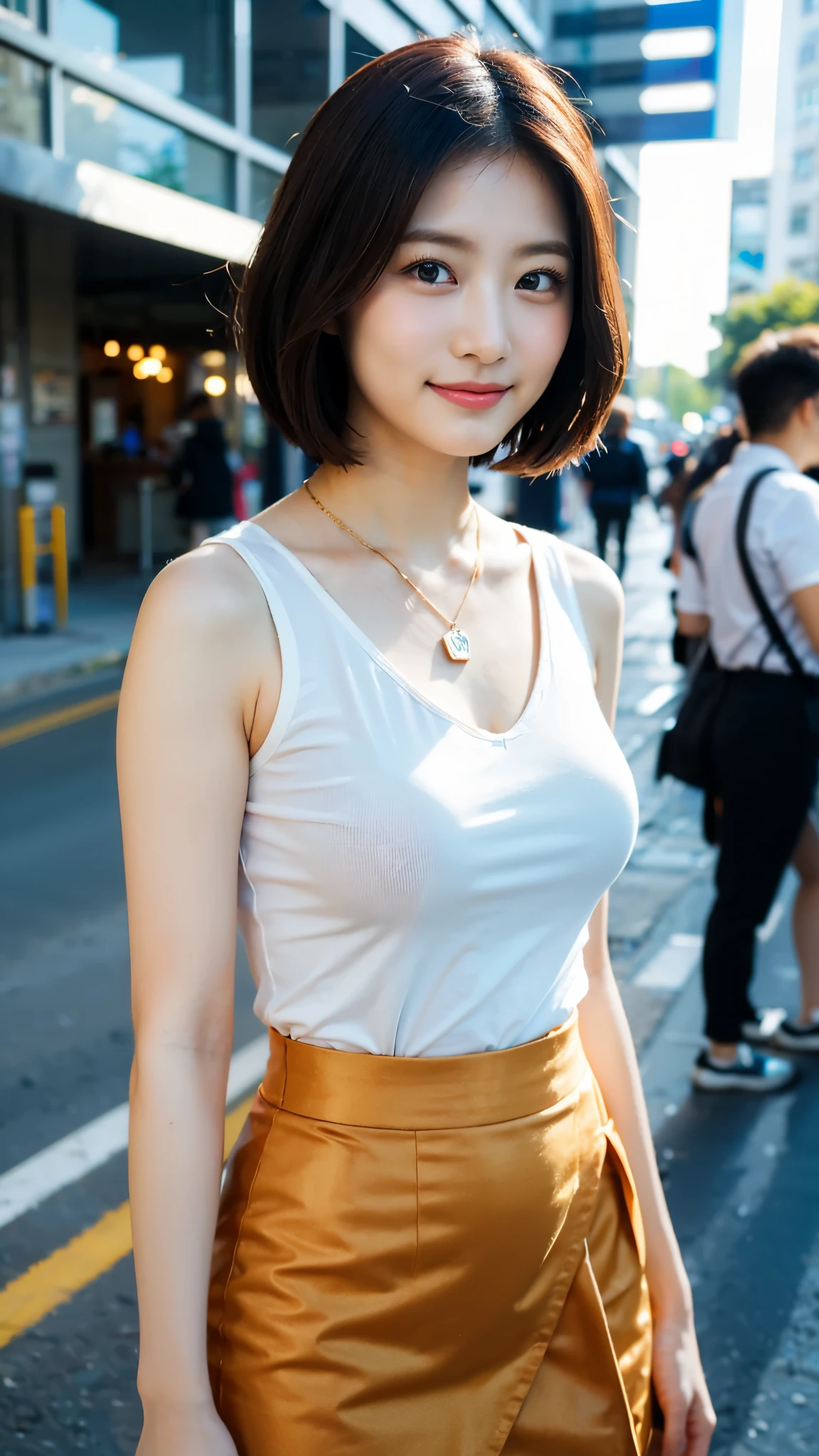 Top quality, Extreme Details,The truth about skin and skin texture,nsfw ,angelic woman, 35 mm lens, f/1,high contrast,close-up mediumbody shot,20 years old,(very detailed skin:1.2),oiled, veins popping out,light makeup,short hair,smile,shirt,necklace,wrap skirt,sleeveless,sexy pose,in the town,morning