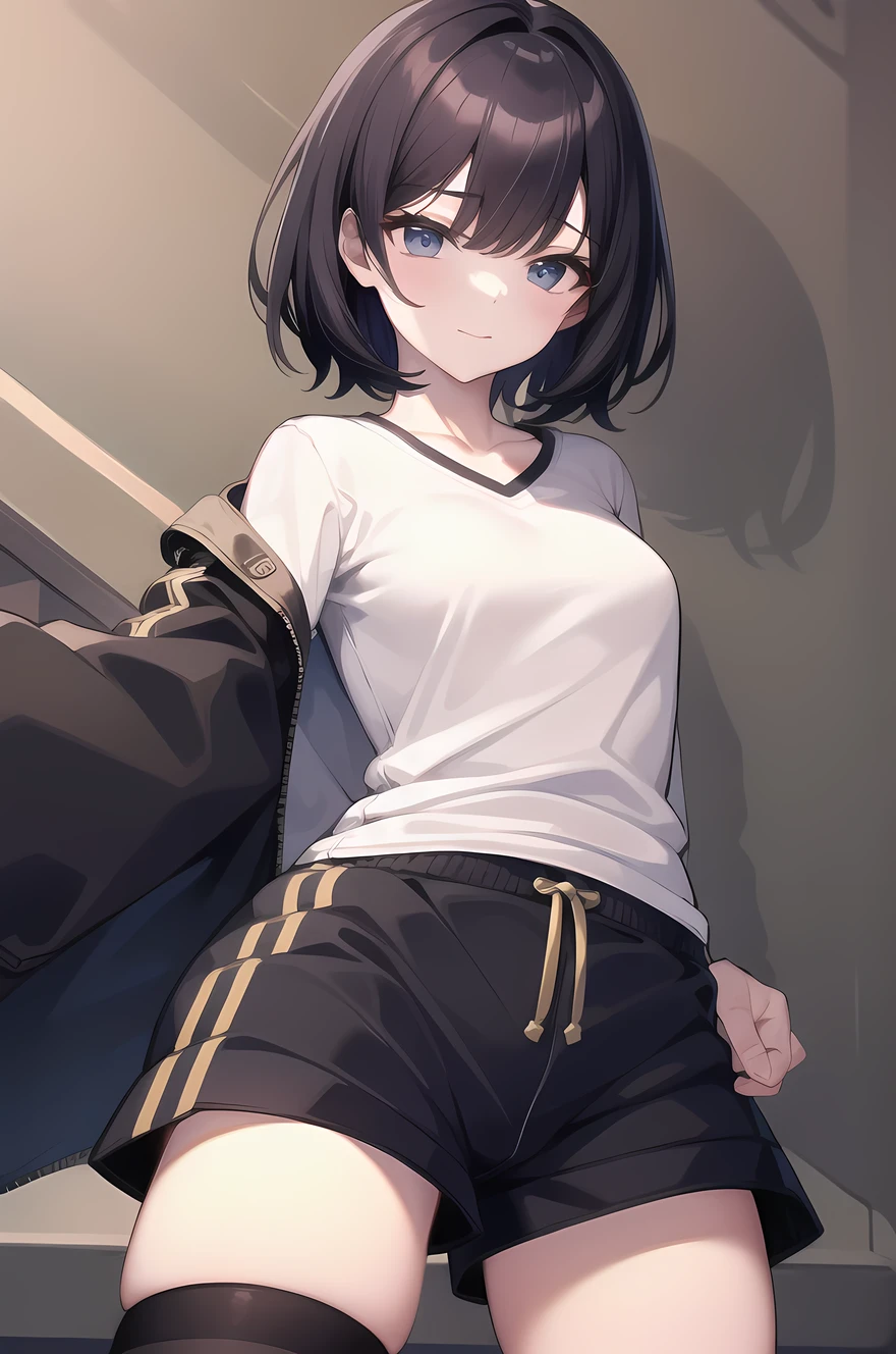 masterpiece, top quality, 1 girl, shorts, pants peek