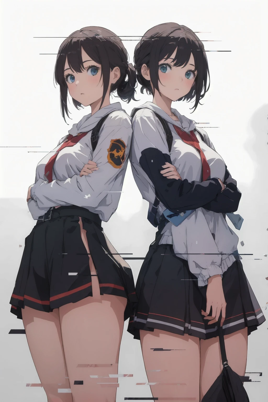 ( top quality, masterpiece, Hi-Res),2girls,In summer,dynamic_angle, simple background,
display glitch,