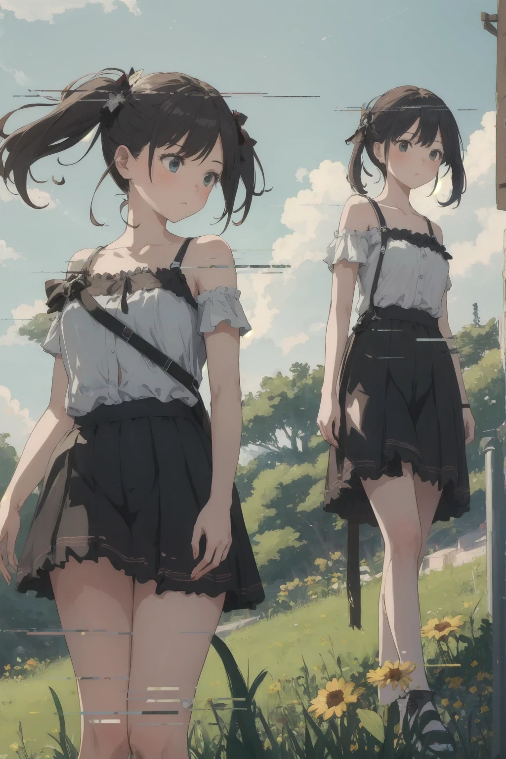 ( top quality, masterpiece, Hi-Res),2girls,In summer,dynamic_angle, simple background,
display glitch,