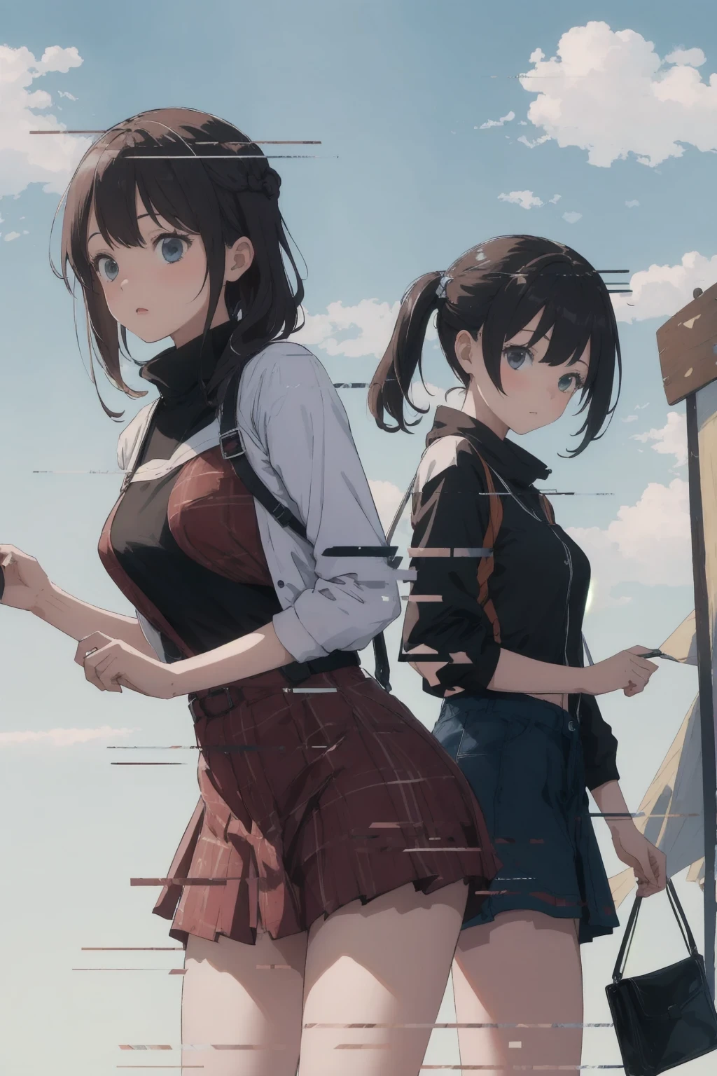 ( top quality, masterpiece, Hi-Res),2girls,In summer,dynamic_angle, simple background,
display glitch,