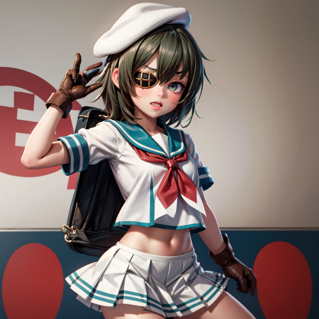 masterpiece, best quality, <lora:MinamitsuMurasa:1>,murasa minamitsu, 1girl,hat,sailor,gren eyes,short hair,black hair,sailor collar,white shirt,white skirt,anchor,grey background,
