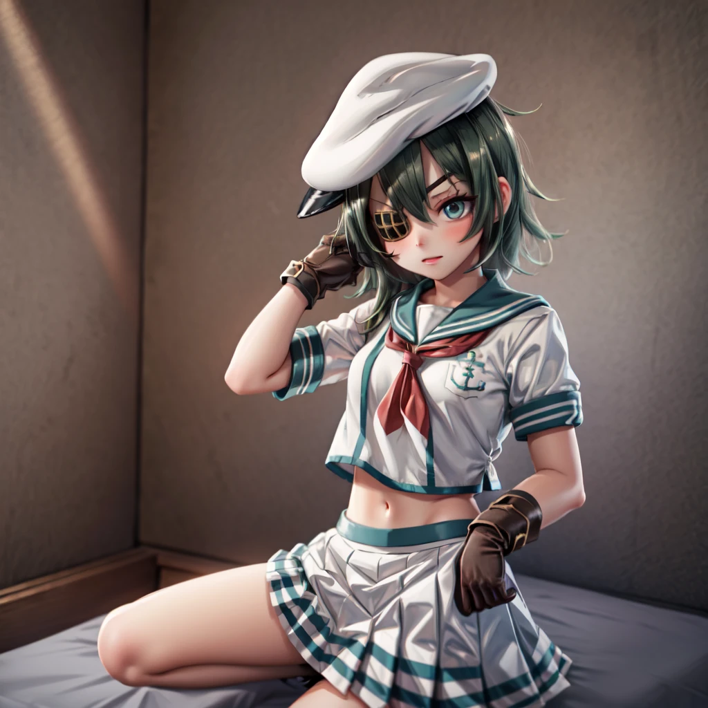 ((best quality)), ((masterpiece)), (detailed), perfect face Parking enforcer wearing bowtie, cap, gloves and long sleeve leotard squatting barefoot. Painted toenails