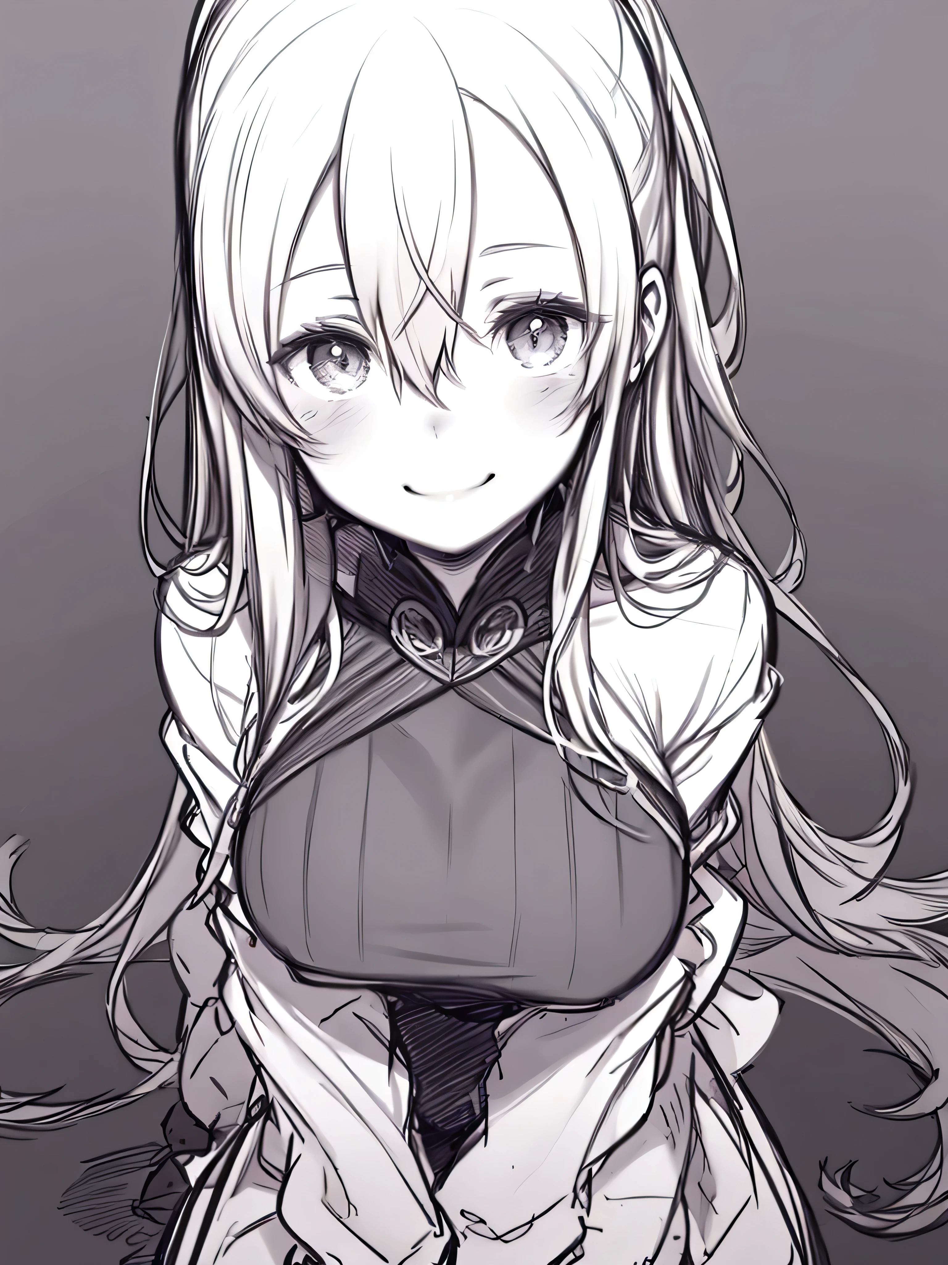 Line Art、 Line Art 、 sketch、Sketch、(( one woman))、20age、 Smile、 upper body、Big Breasts、hair between eyes、 long hair、