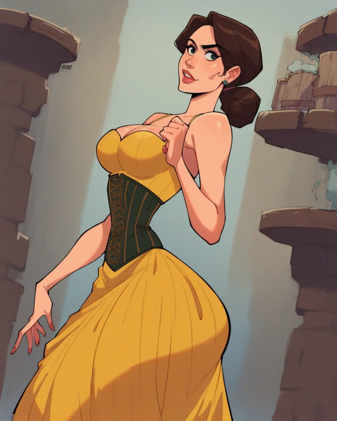 score_9, score_8_up, score_7_up, score_6_up, 1girl, makeup, yellow dress, bare shoulders, cleavage, gloves, hair bun, tiara, curvy, medium breasts, narrow waist, wide hips, thick thighs, looking at viewer, cartoon, cute, wide shot, realistic, 5 toes, yellow toes nails, (((tied ankles together))), tied arms, Focus full body, sit on a chair, with no shoes,
BelleXLP