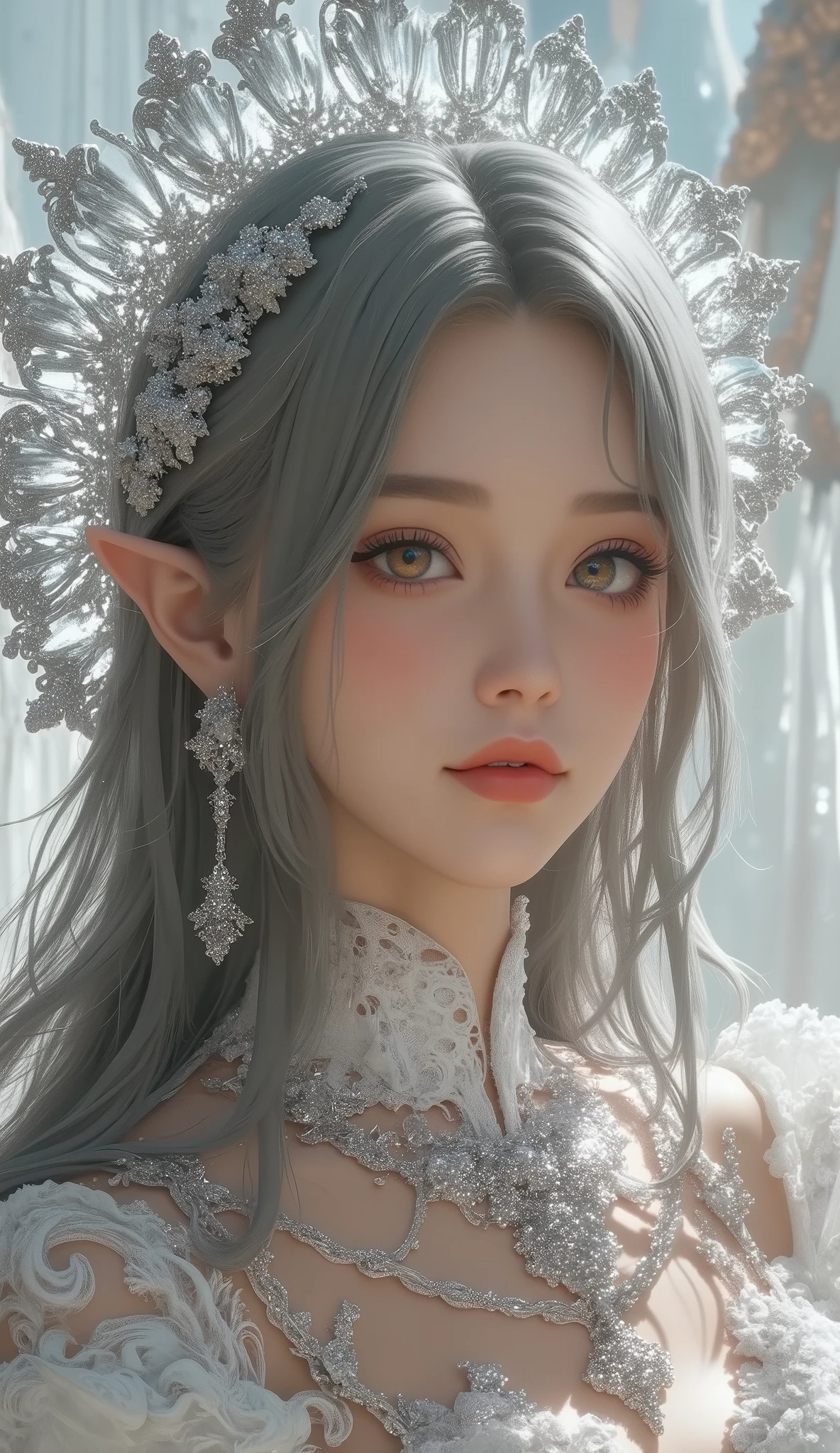 ( masterpiece, best quality: 1.4), detailed background, White Crystal, Crystal Cluster , long hair, jewelry, earrings, necklace, crown, bride, Gray Hair, halo,