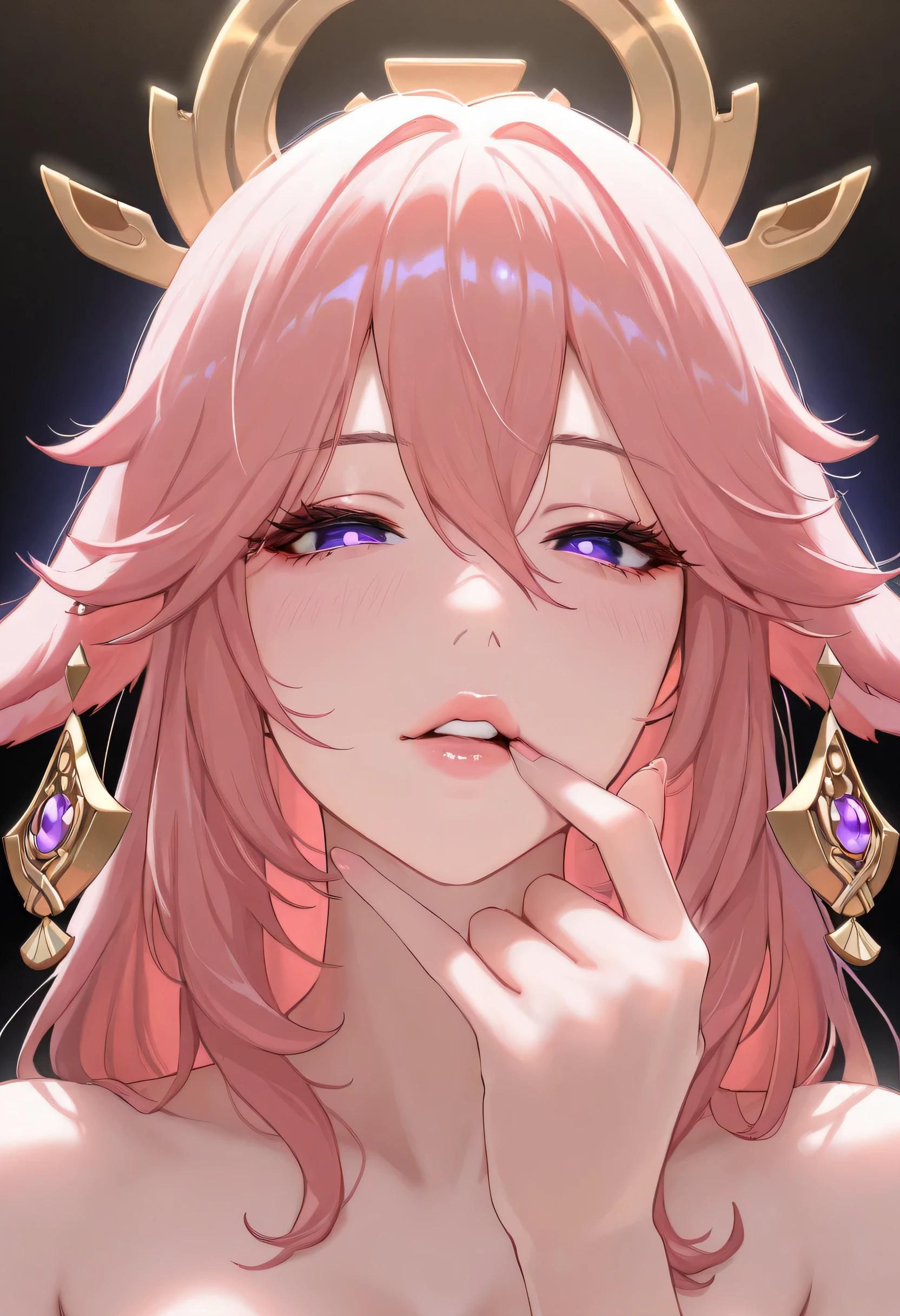 (masterpiece), best quality, expressive eyes, perfect face, yae_miko(genshin_imoact), 1 girl, solo, head only pose, beautiful eyes, flirtatious look, beautiful mouth, beautiful lips, fingers on lip, half blushed.