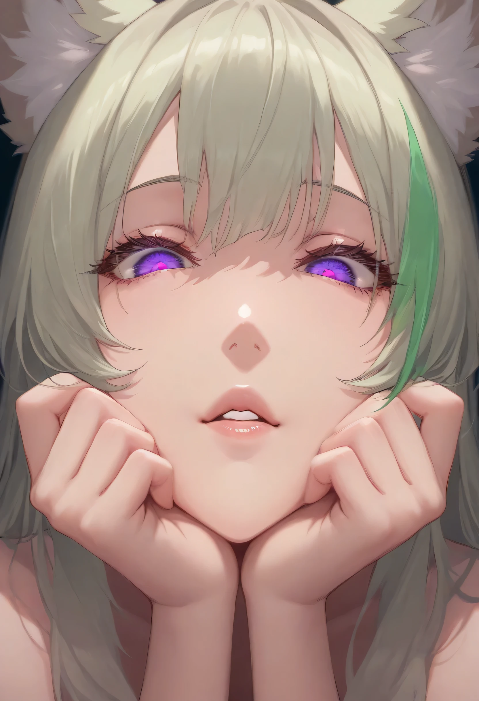 (masterpiece), best quality, expressive eyes, perfect face, streaked hair, long hair, green hair, fox girl, yukonghsr, fox tail, purple eyes, 1 girl, solo, head only pose, beautiful eyes, flirtatious look, beautiful mouth, beautiful lips, fingers on lip, half blushed.