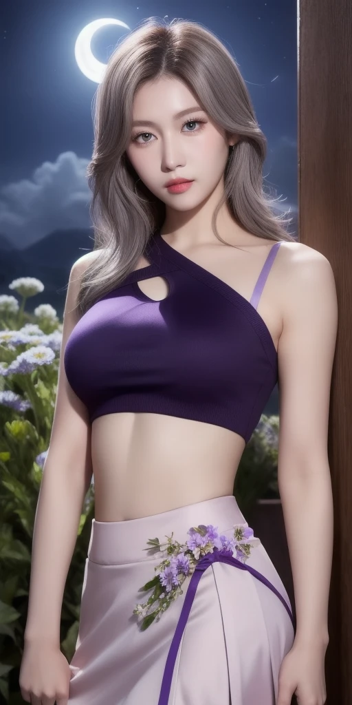 Realistic, One girl, Gray Hair, Purple eyes, Glowing Eyes, Crop top off, Skirt taken off, Lips parted, blush, night, Flowers, sun, sunlight,I can see your underwear