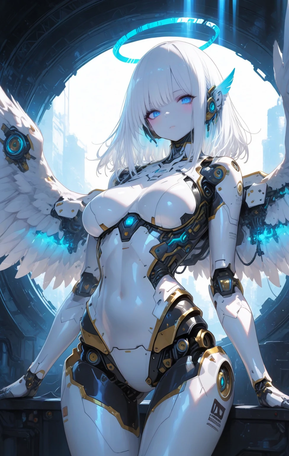 (Angel + Robot + Scorpion) × 1.3, long white hair, breasts, navel ring, unfolded light wings, feather details, light halo, high-tech punk atmosphere on background, bright eyes, highest quality, highest resolution, masterpiece, cinematic lighting