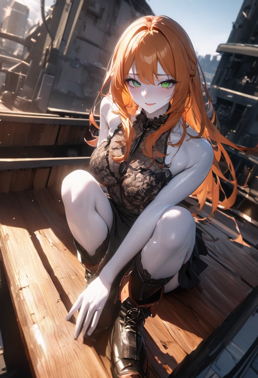 red hair, black jacket with red undertones, white dress, deep orange eyes, only one person, smug look, mature and older look