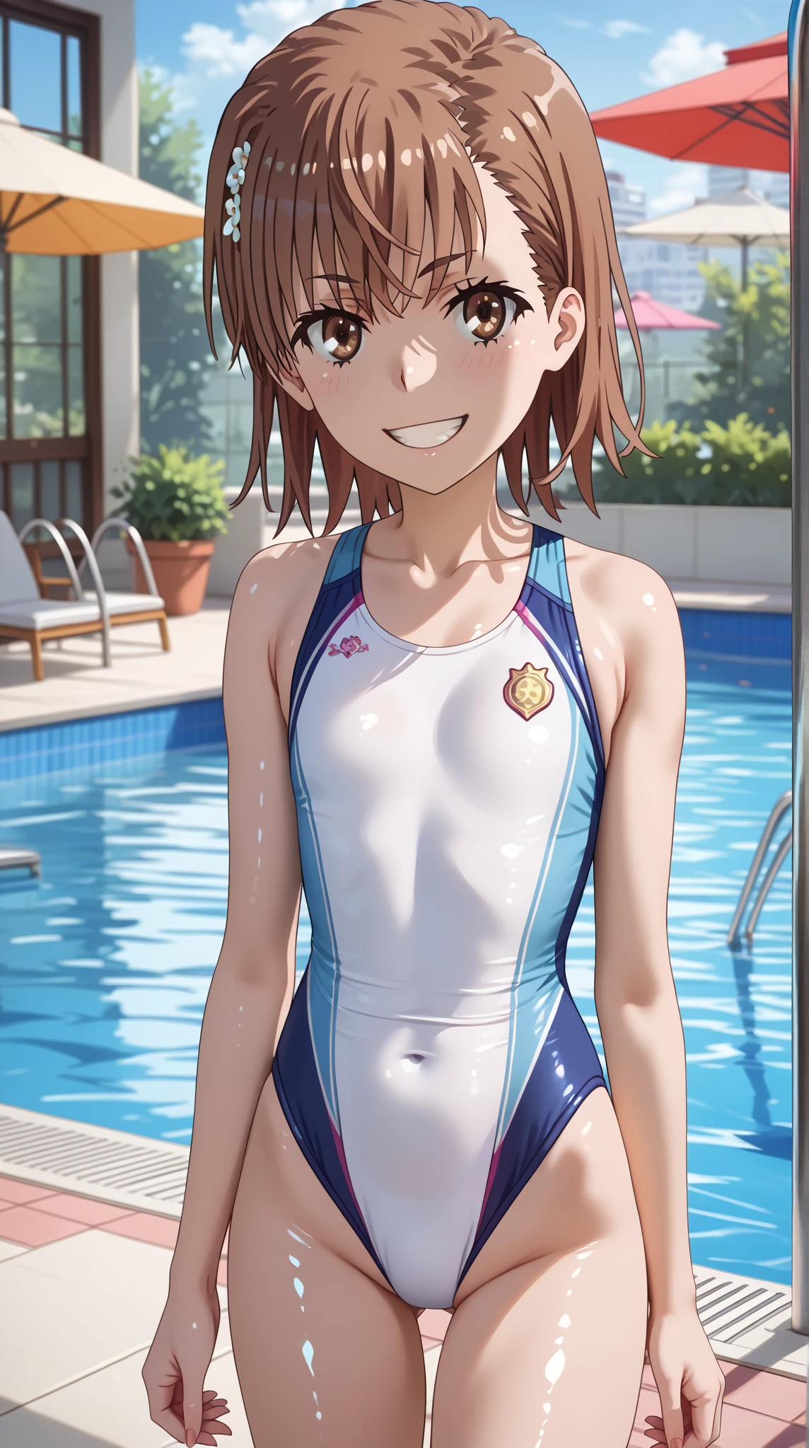miyoshi kaya, light brown hair, high ponytail,small breasts, orange eyes, parted bangs, forehead,
1girl,solo,looking at viewer, ,smile,race swimsuit,my room