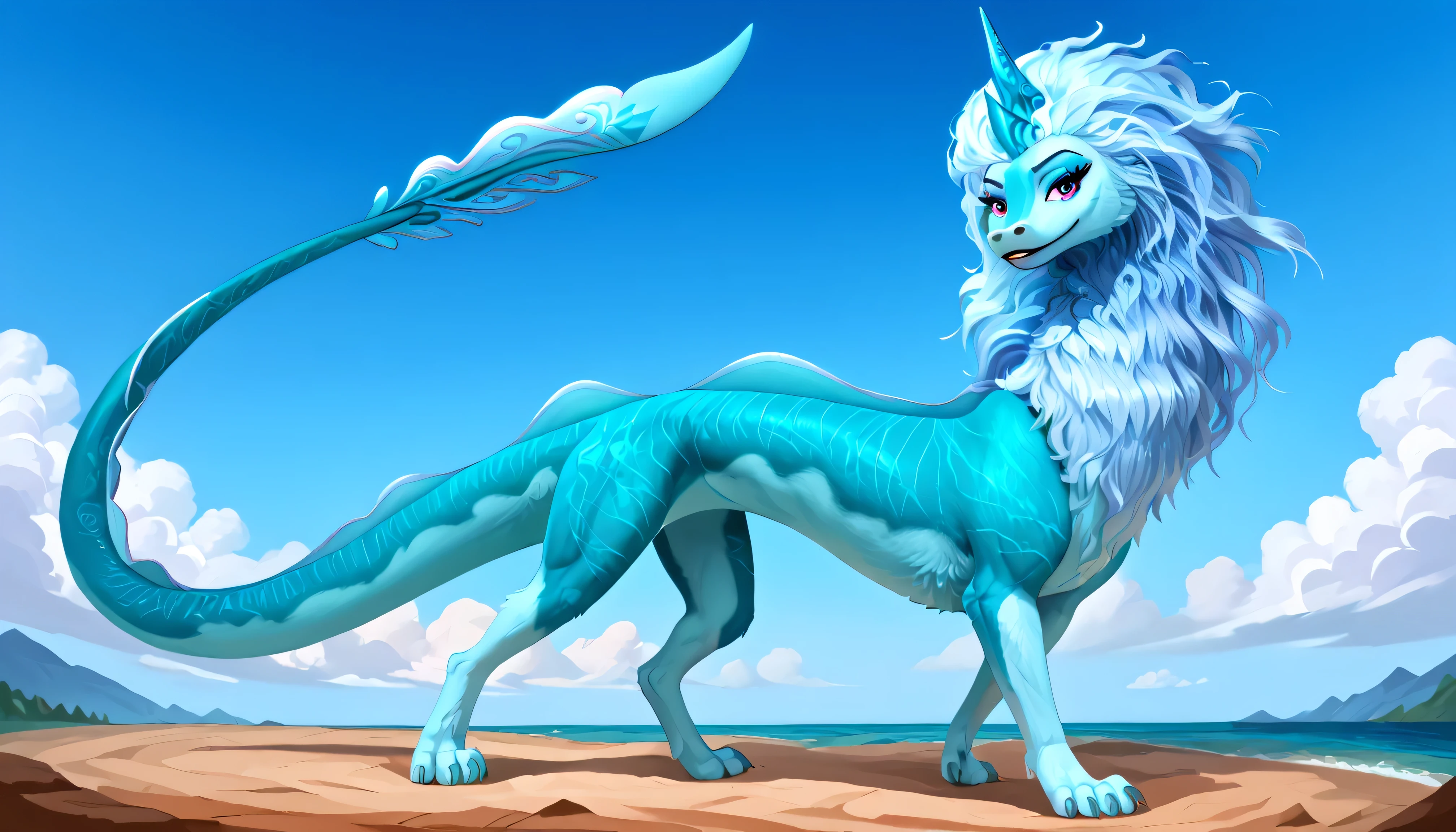 Sisu, a majestic quadrupedal dragon, feral, ultra-detailed, masterpiece quality, high-resolution (4K RAW). She has a sleek cyan-blue body, a flowing light blue mane, and two elegant horns. Her long, graceful tail extends behind her, with soft, fluffy fur and natural shading. She stands proudly, her four well-proportioned legs visible, with strong defined muscles and smooth, accurate anatomy. Her captivating eyes are large, expressive, and perfectly drawn, with detailed pupils, long curled eyelashes, and subtle eyeliner. Her face is symmetrical and realistic, with intricate features and soft shading. Her claws are sharp and black, her feet are beautifully detailed, and her hands are anatomically correct. She is posed naturally, standing tall, looking at the viewer with a calm yet mysterious gaze. The lighting is cinematic, enhancing her smooth fur texture and perfect anatomy. The background is simple and unobtrusive to keep the focus on Sisu. The illustration is professionally rendered, ultra-detailed, with soft gradients and a realistic yet artistic style.