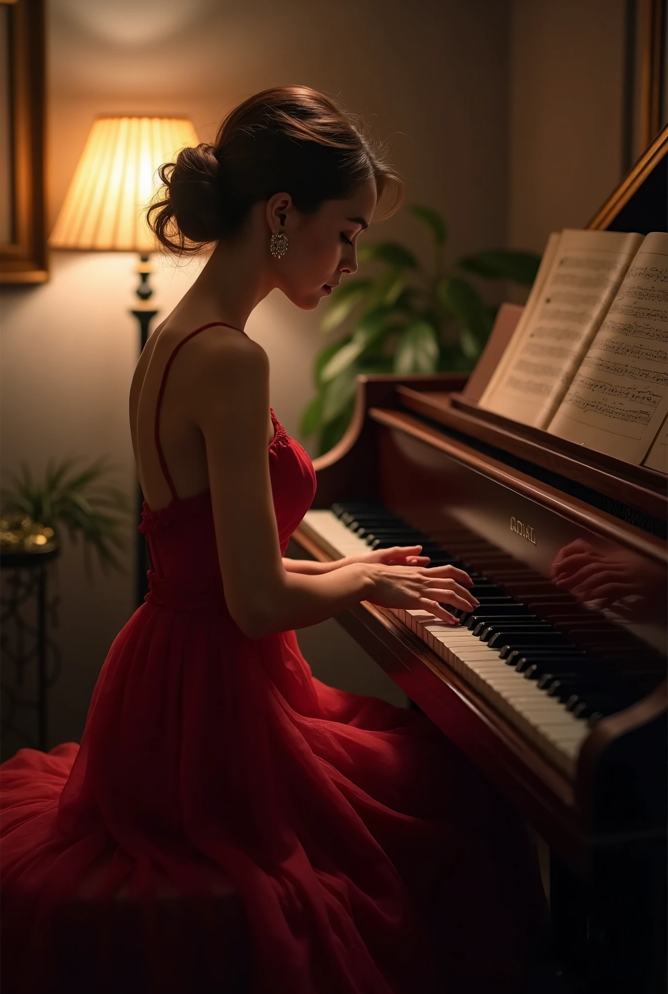 Woman in red dress playing piano in dark room with lamp - SeaArt AI