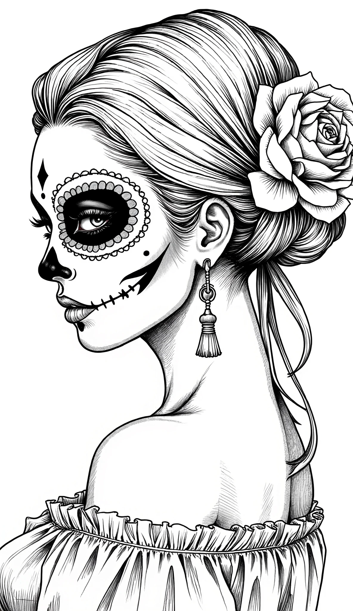  Draw a beautiful Mexican woman with Santa Catrina makeup on her face,  black paint around her eyes , with a single rose in her hair , Ruffle hair ,  Day of the Dead, Mexican tradition,  black color on a white background,   black and white, symmetry,  profile 3/4, 