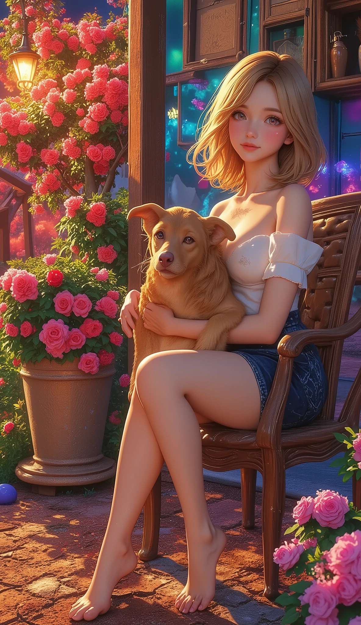 masterpiece, best quality, 1 girl, Podenco, a flowerpot, small smile , Multicolor background, flower, Dynamic Color,