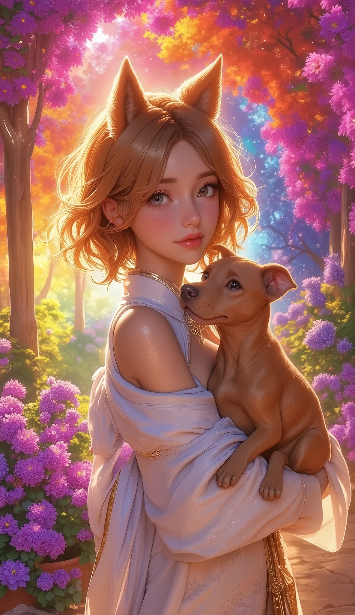 masterpiece, best quality, 1 girl, Podenco, a flowerpot, small smile , Multicolor background, flower, Dynamic Color,
