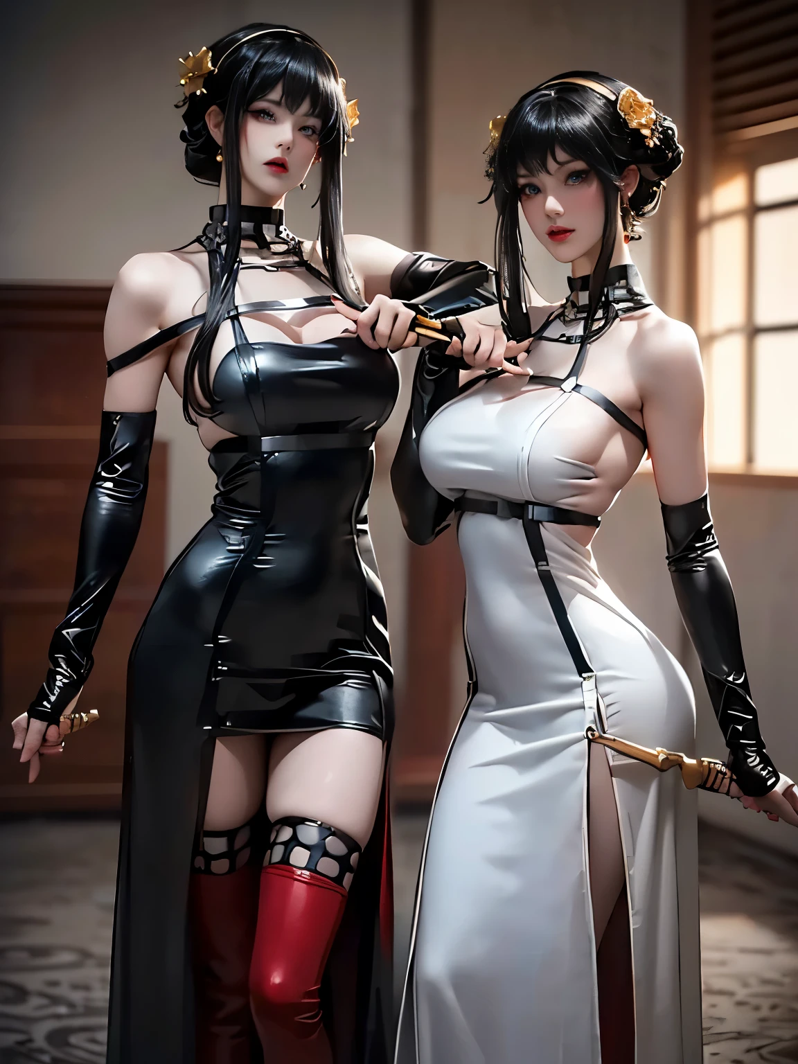 Masterpiece, beautiful composition, ((3 females)), (3 beautiful females), dynamic shot, ((rough lesbian sex scene, queen dominating two maids, hardcore porn, rough sex)), dynamic poses, dominating, queen in dominant pose, strong pose, queen standing above maids, maids hugging queens legs, kissing ass, obedient pose, obedient, scared, bent, head near legs, slim, (fingering from behind, female masturbation:1.2), (chained, tied, golden chain, chain around bodies , chained collar, handcuffs, rough:1.4), maid uniform, leather underwear, (cold light, cold blue tones), flat blue background,  highly detailed, best quality, 8k