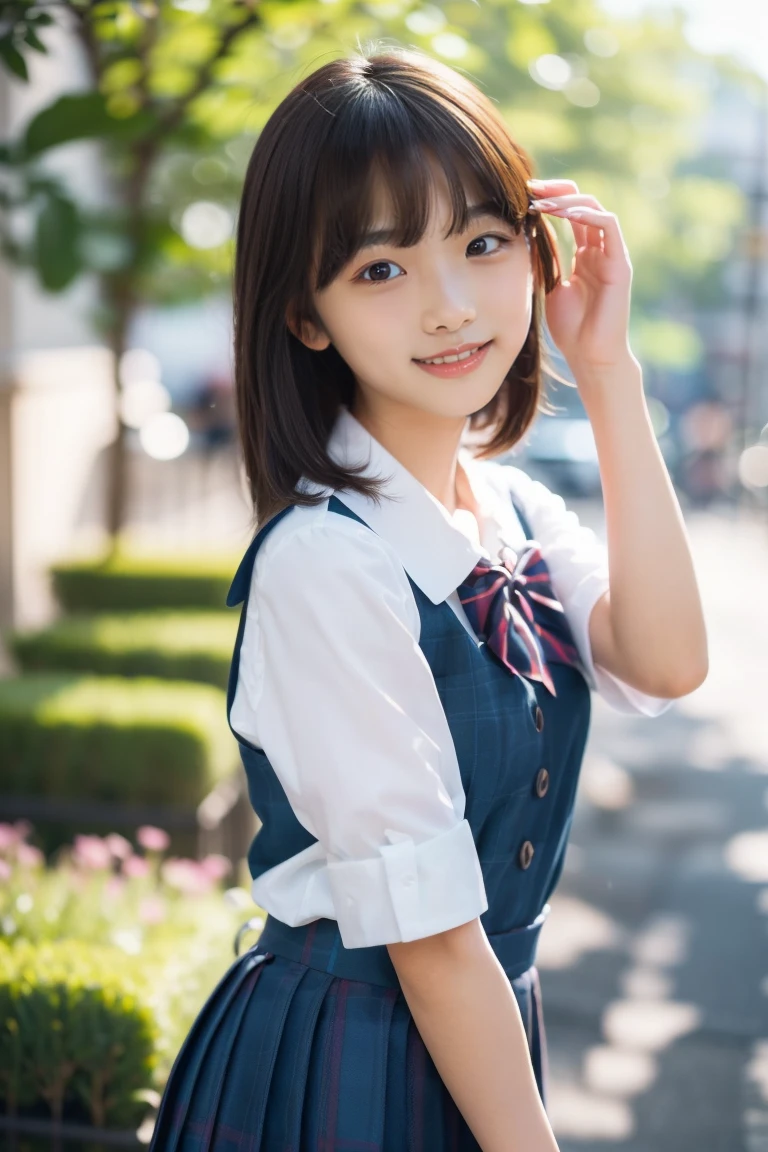 (((​masterpiece))), (((Full body photo,sit with your knees up)))， ,((pantyshot，I can see the white panties))，((Focus on the crotch))，(One beautiful Japan girl,  Innocence，kawaii) ，超A high resolution, Realistic, ultra-detailliert, 8K,top-quality, Extremely detailed, blurry backround,A slender,very beautiful japanese girl, Detailed face:1.3), (Short hair like a boy，A dark-haired :1.4), (a baby face，kawaii系,adorable 18 year old girl), (Perfect body:1.1),  (Dark blue vest，pink bowtie，Dark blue mini skirt、Dark blue high socks、lowfers), On the sidewalk，Cute and cuddly smile,Show your beautiful teeth，rosy cheeks，Super Detailed Face、Detailed lips、A detailed eye、small gravure idol，Transparent skin、Lolita，Photorealistic:1.37，no-makeup，Neutral Lighting、shot from a low-angle