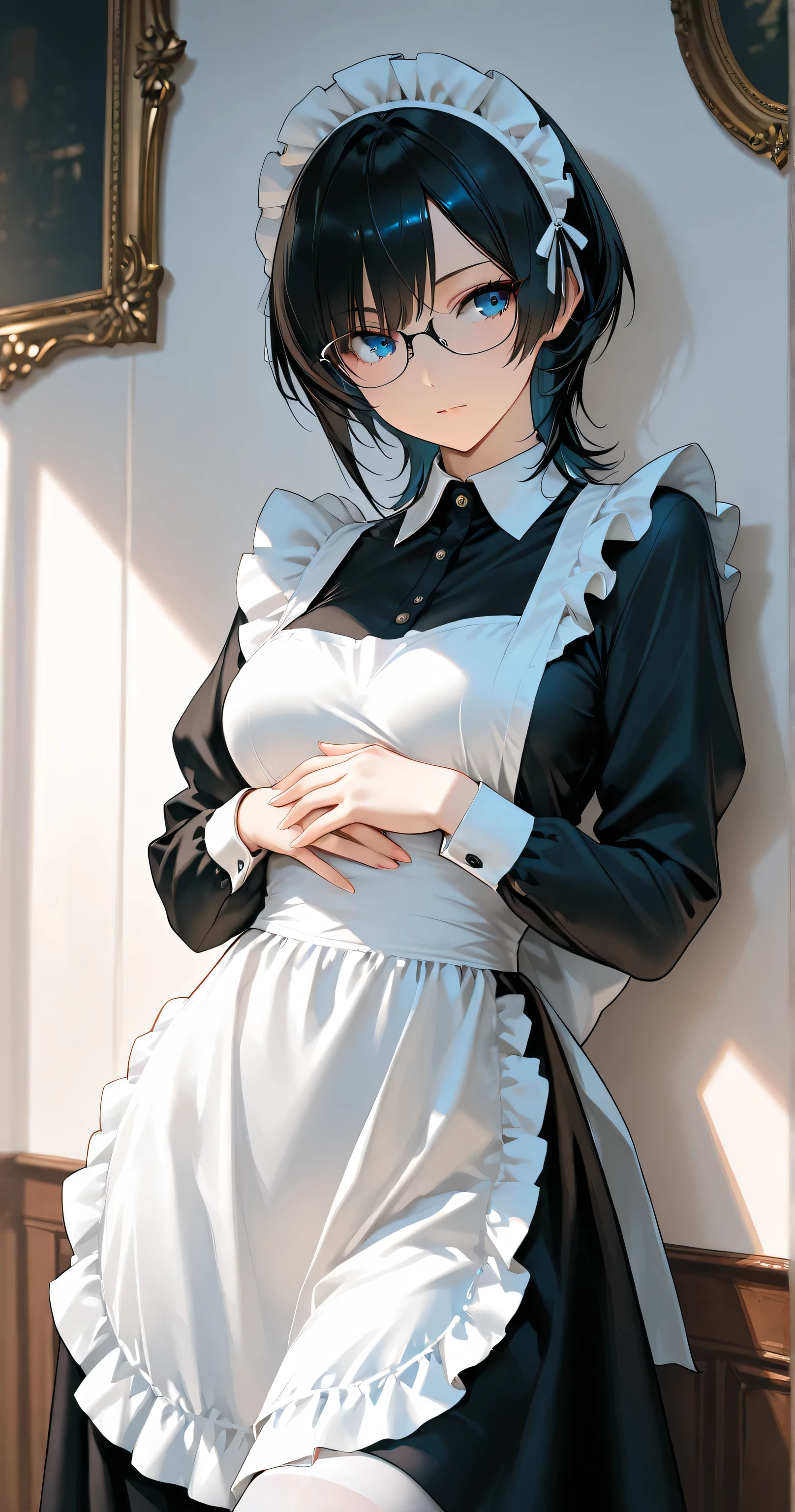 insanely detailed,
She is beautiful.
cute, Alluring mystique,
She is standing,
upper body, front view,
She wearing a edwardian Maid
apron dress, Frills, Maid apron, Maid headdress, Mary Jane, (black long dress), (white thigh-high socks), (black frame under-rim glasses), formal look,
1girl, solo,
masterpiece, best quality, ultra-detailed, 8k resolution,
perfect anatomy, correct generation of hands, 4fingers and 1thumbs,
nice hands, perfect hand.
sharp focus on eyes and facial details, stunning clarity, vibrant colors,
Indoors, in a Luxury Villa, Spacious interiors, tasteful furnishings, and a simple lifestyle, The atmosphere is high-end and polished ideal for Like a foreign movie or fashion magazine shoot.
Her figure is slim and curvaceous, with beautifully proportioned.
medium breasts,
black hair, wolf cut, boyish charm,
cool eyes, beautiful eyes, detailed irises, gentle shading, long eyelashes, exquisite eyelashes, detailed eyes,
looking away, head tilt, Contrapposto, arched back, Leaning against a wall,
highly detailed face, refined body, flawless skin.
