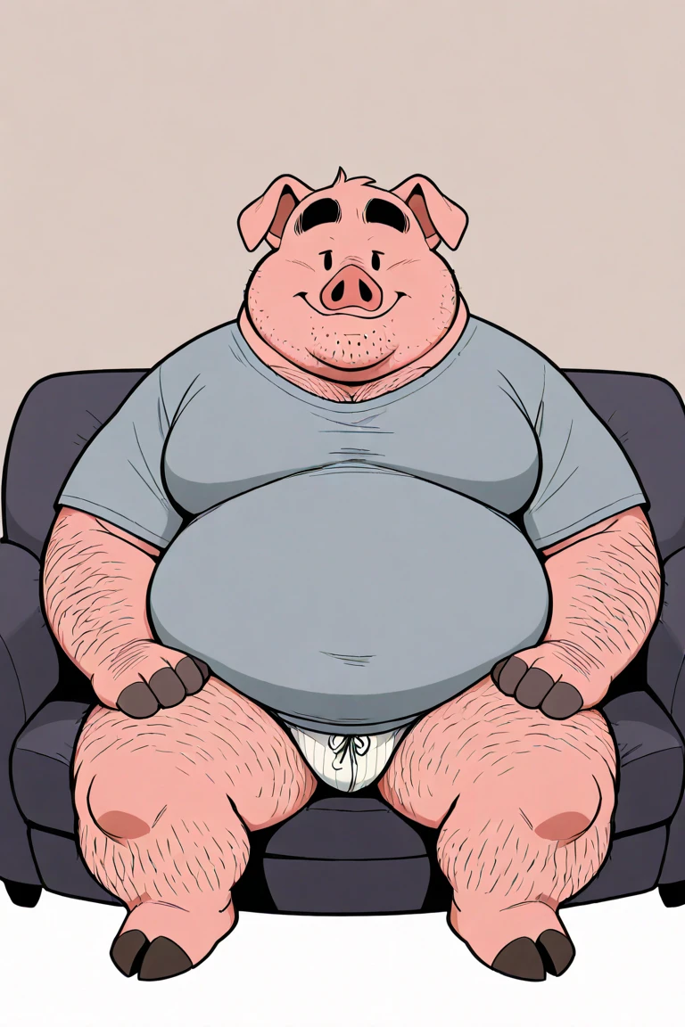 pigman, male, muscular, big belly, swollen belly, resting, seeing user to below, pig shape