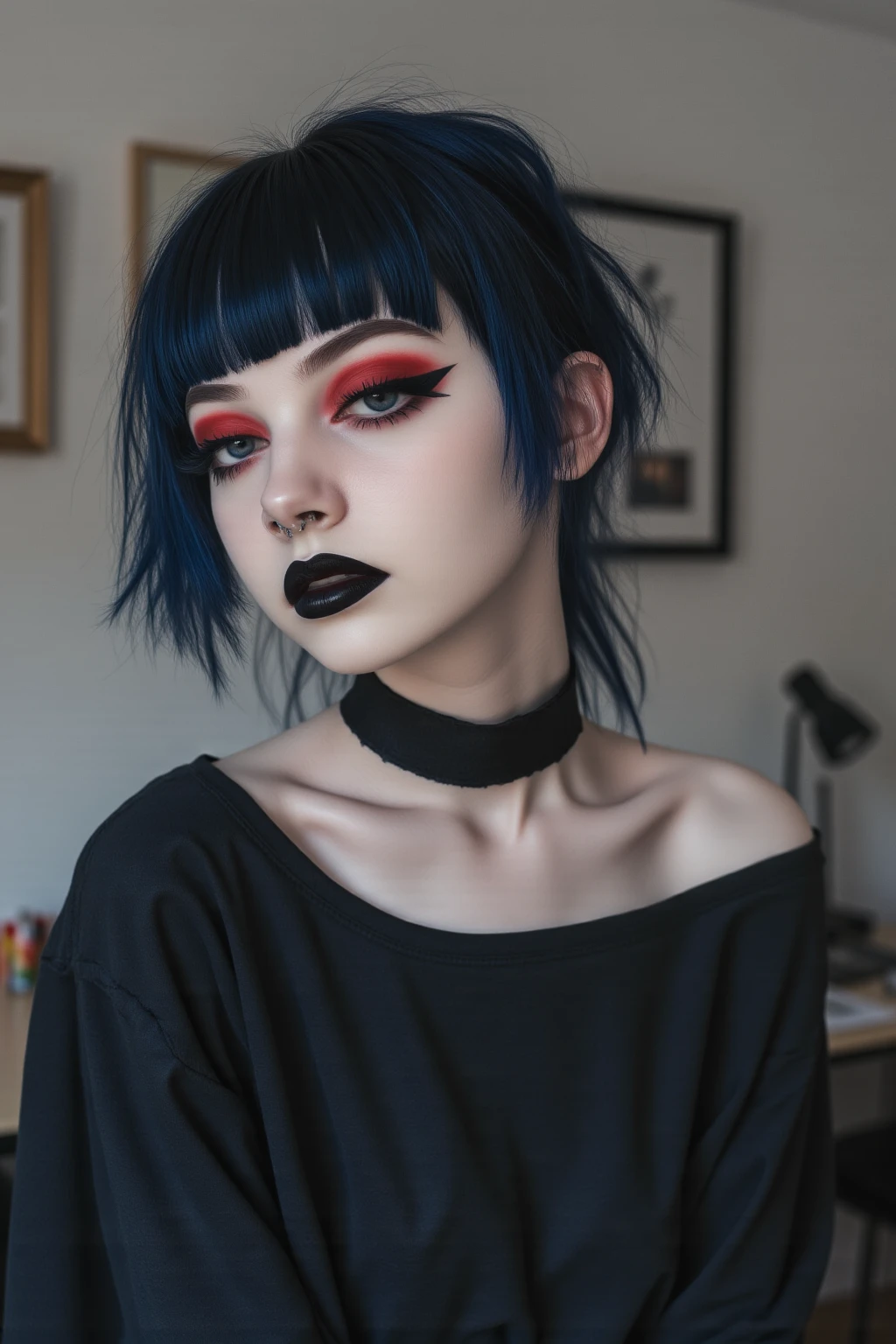 1girl, woman, emo_hairstyle, navy blue hair, black lipstick, big choker, eyeliner, red eyeshadow, grey eyes, mascara, smoky eyes, black lips, bedroom, natural lighting, perfect face, emo, , black lips, sweatshirt, over the shoulder, tattoo
